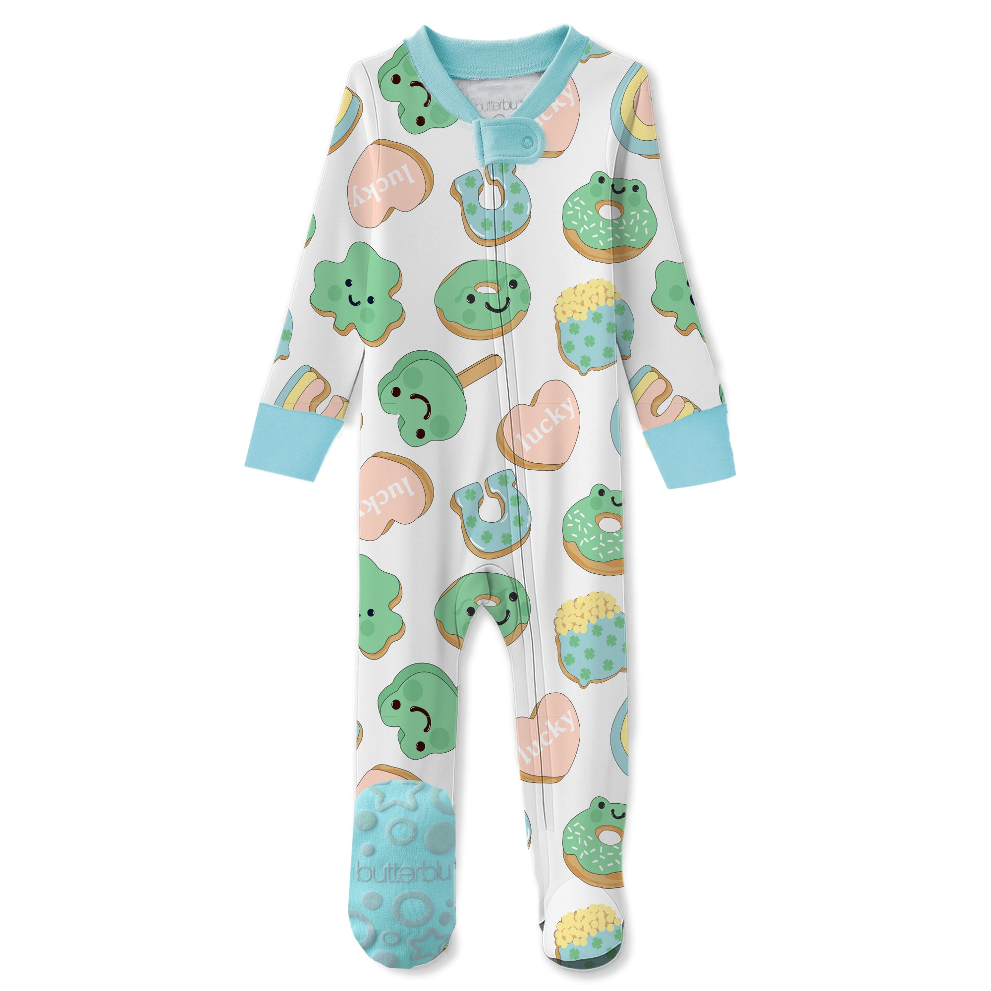 Baby onesie with colorful cookie pattern on a white background