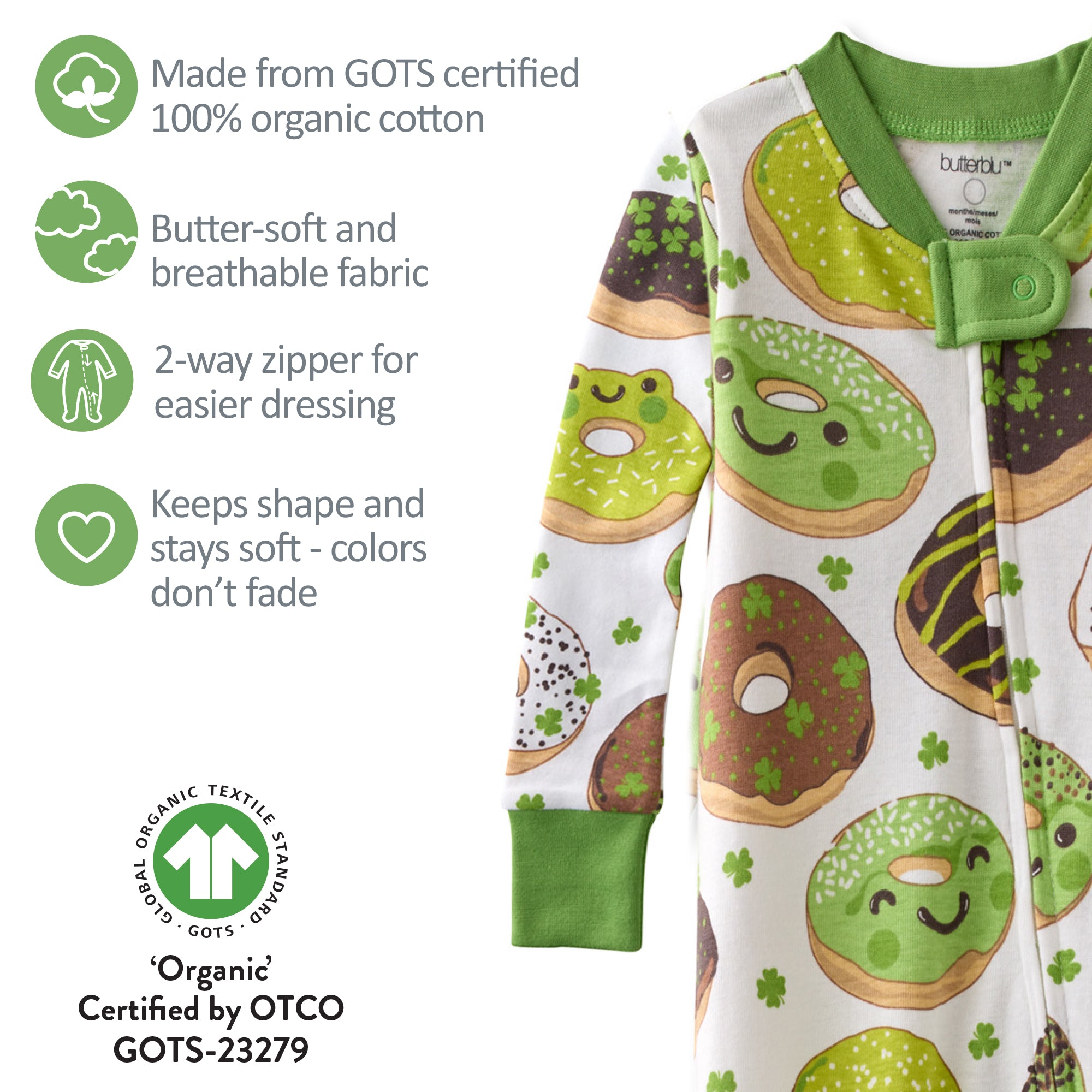 Butterblu Cruz snug-fit footed baby boys pajamas in Froggie Sweets — GOTS-certified organic cotton zippered sleepers for baby boys