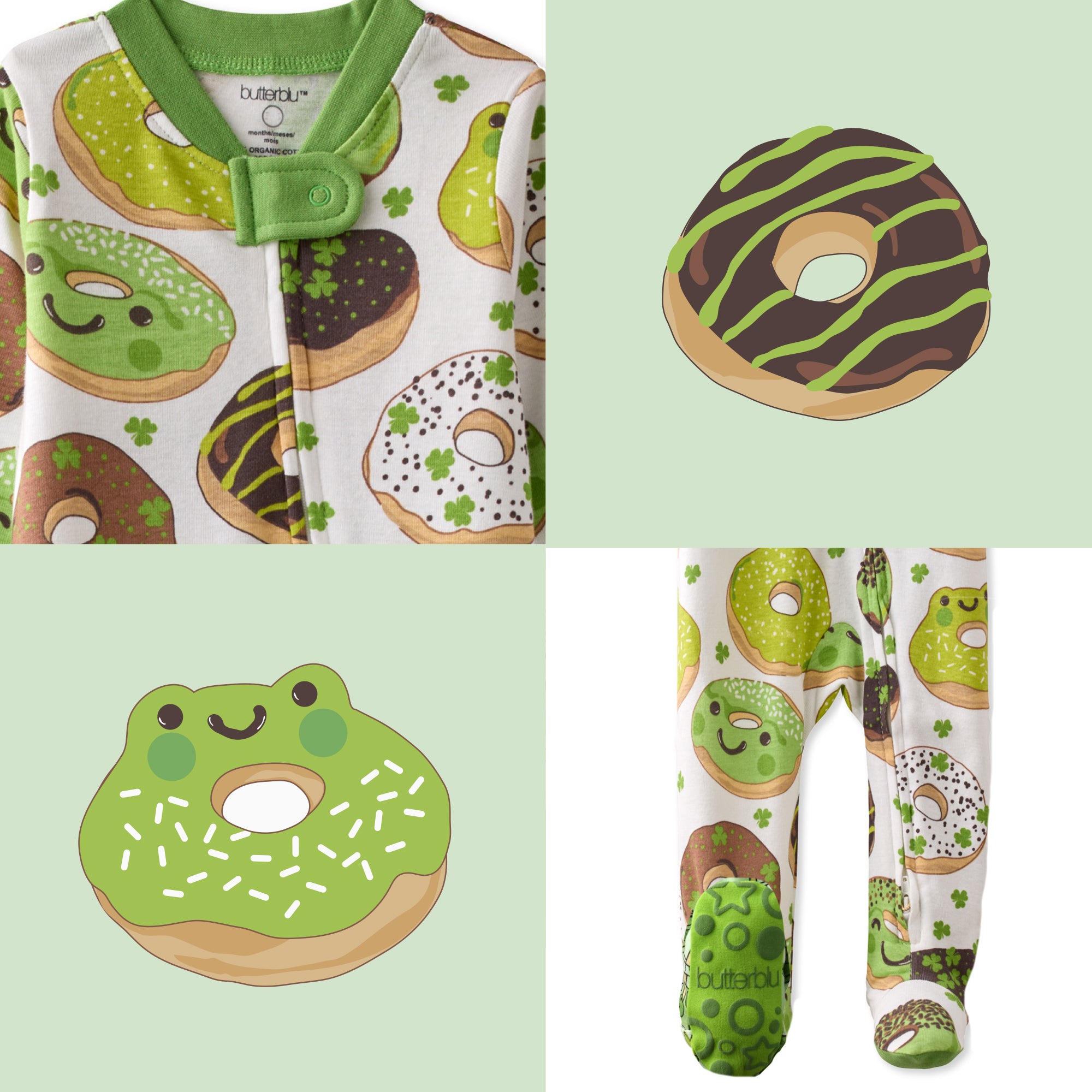 Butterblu Cruz snug-fit footed baby boys pajamas in Froggie Sweets — GOTS-certified organic cotton zippered sleepers for baby boys