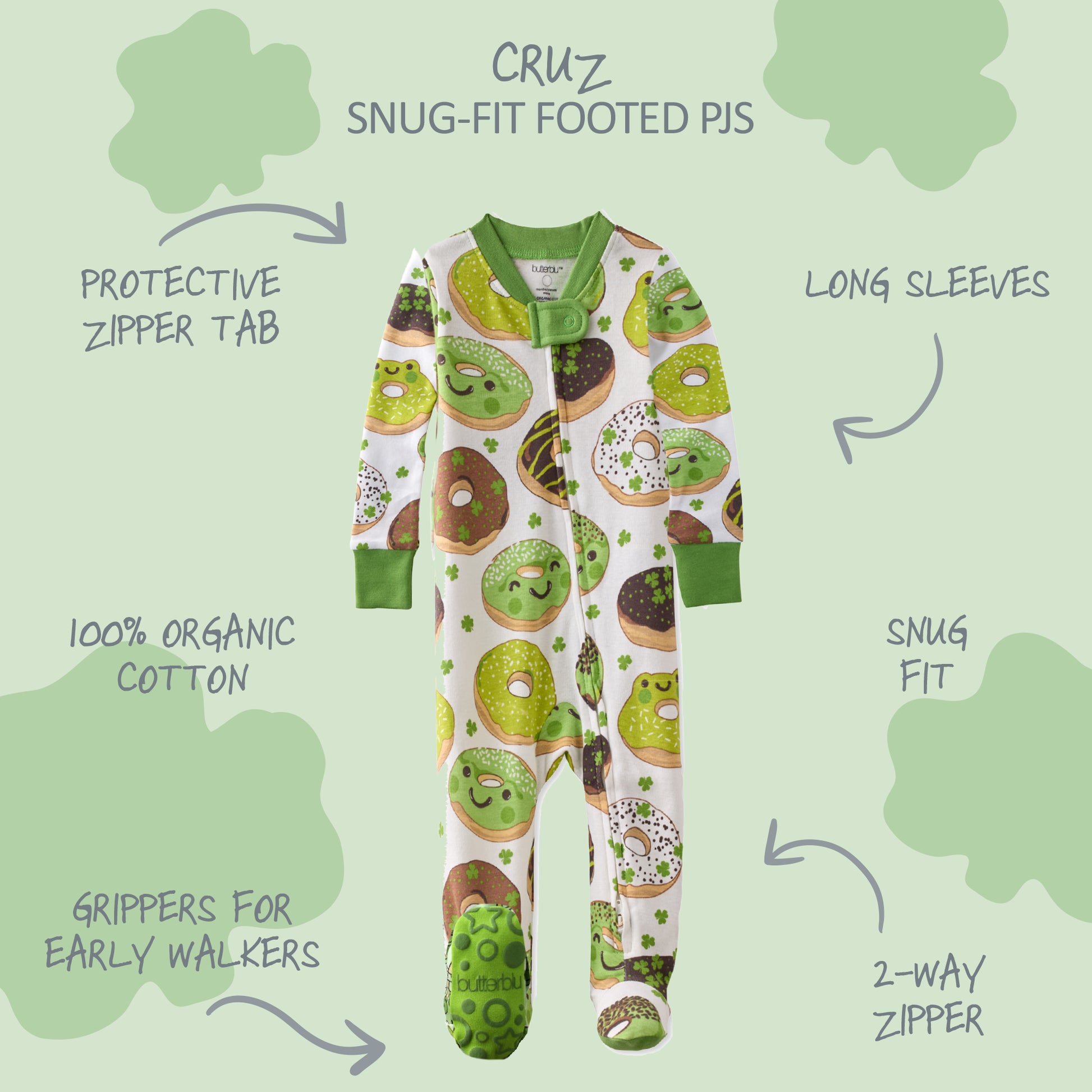 Butterblu Cruz snug-fit footed baby boys pajamas in Froggie Sweets — GOTS-certified organic cotton zippered sleepers for baby boys