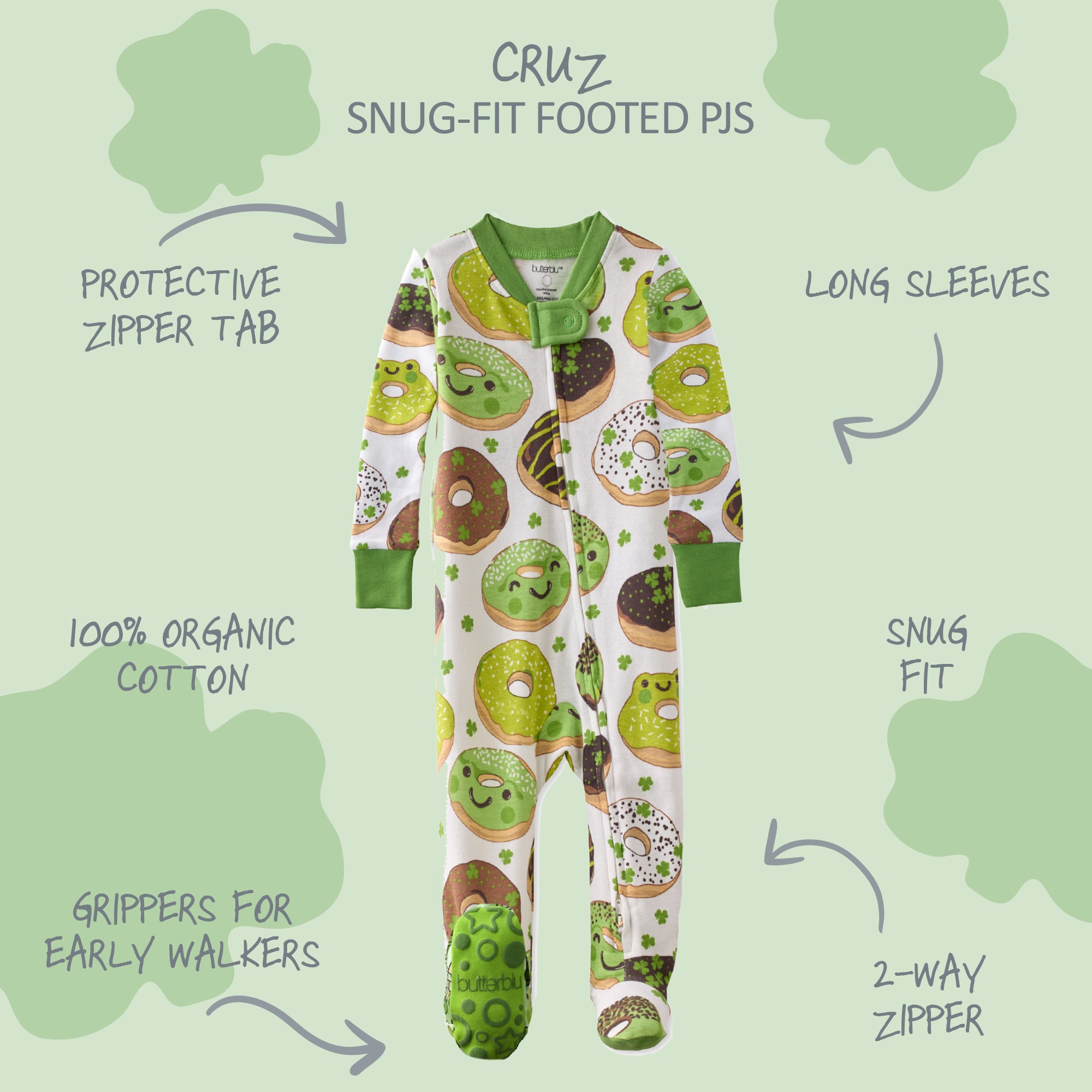 Butterblu Cruz snug-fit footed baby boys pajamas in Froggie Sweets — GOTS-certified organic cotton zippered sleepers for baby boys