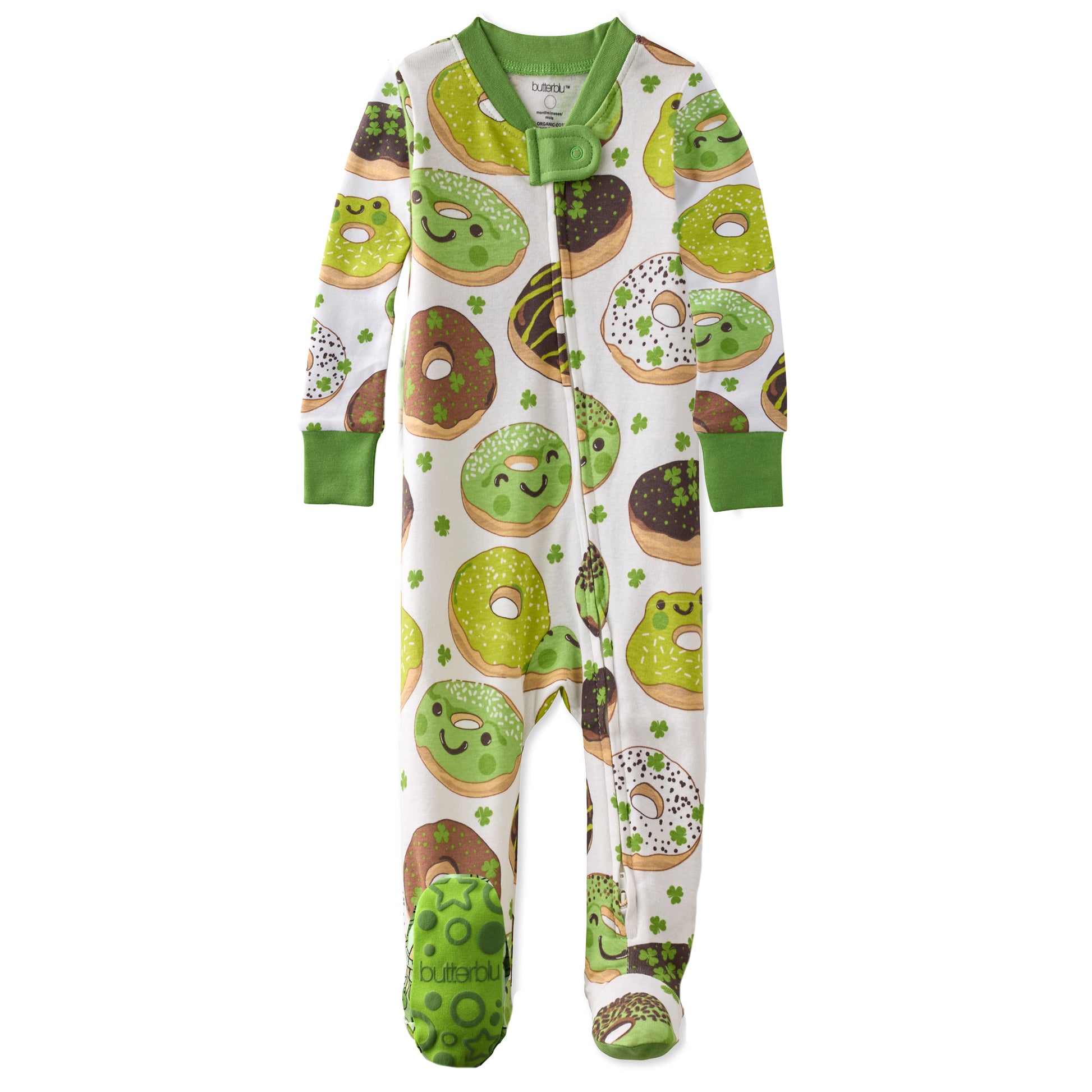 Butterblu Cruz snug-fit footed baby boys pajamas in Froggie Sweets — GOTS-certified organic cotton zippered sleepers for baby boys