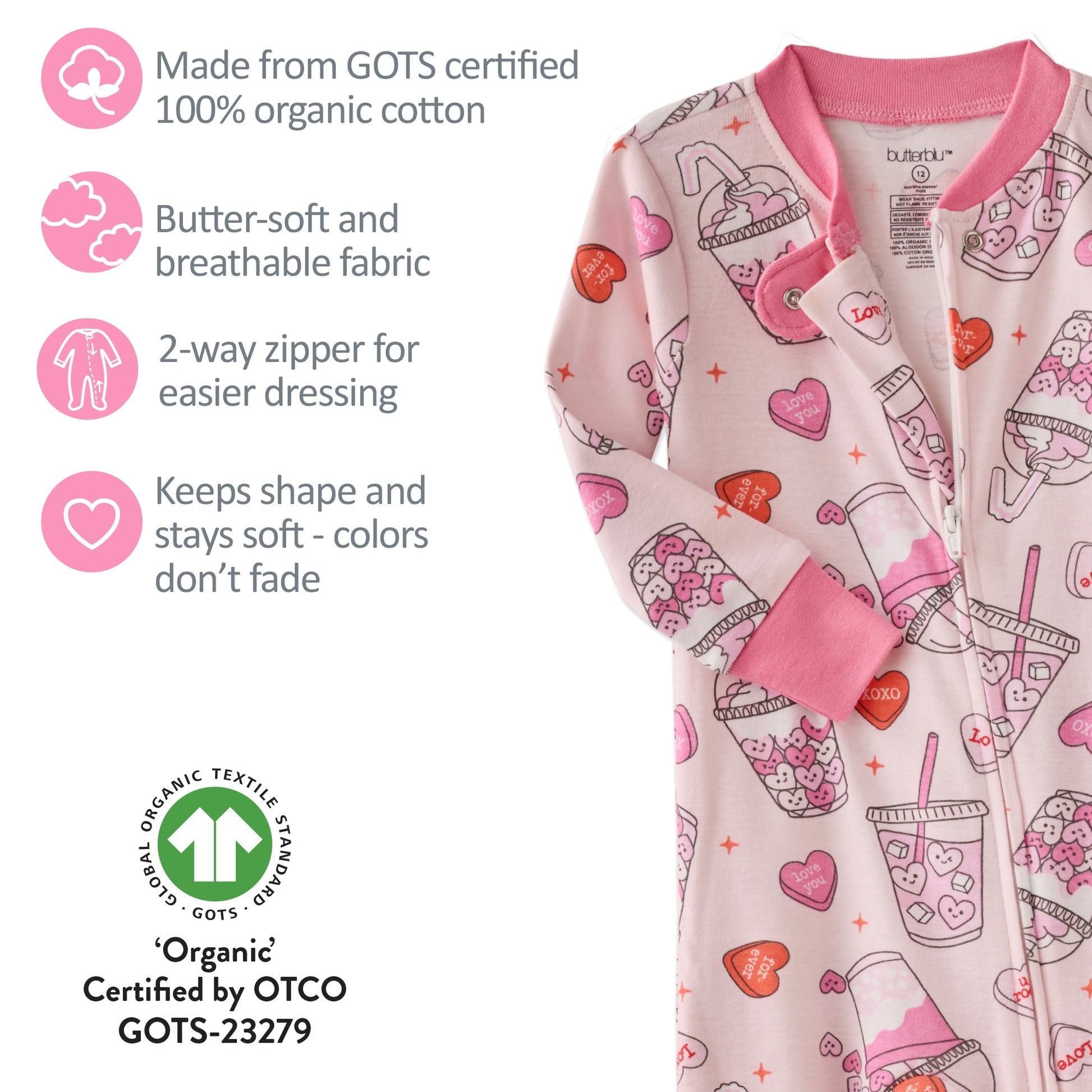 Butterblu Cruz snug-fit footed baby girls pajamas in Forever Sweet — GOTS-certified organic cotton zippered sleepers for baby girls