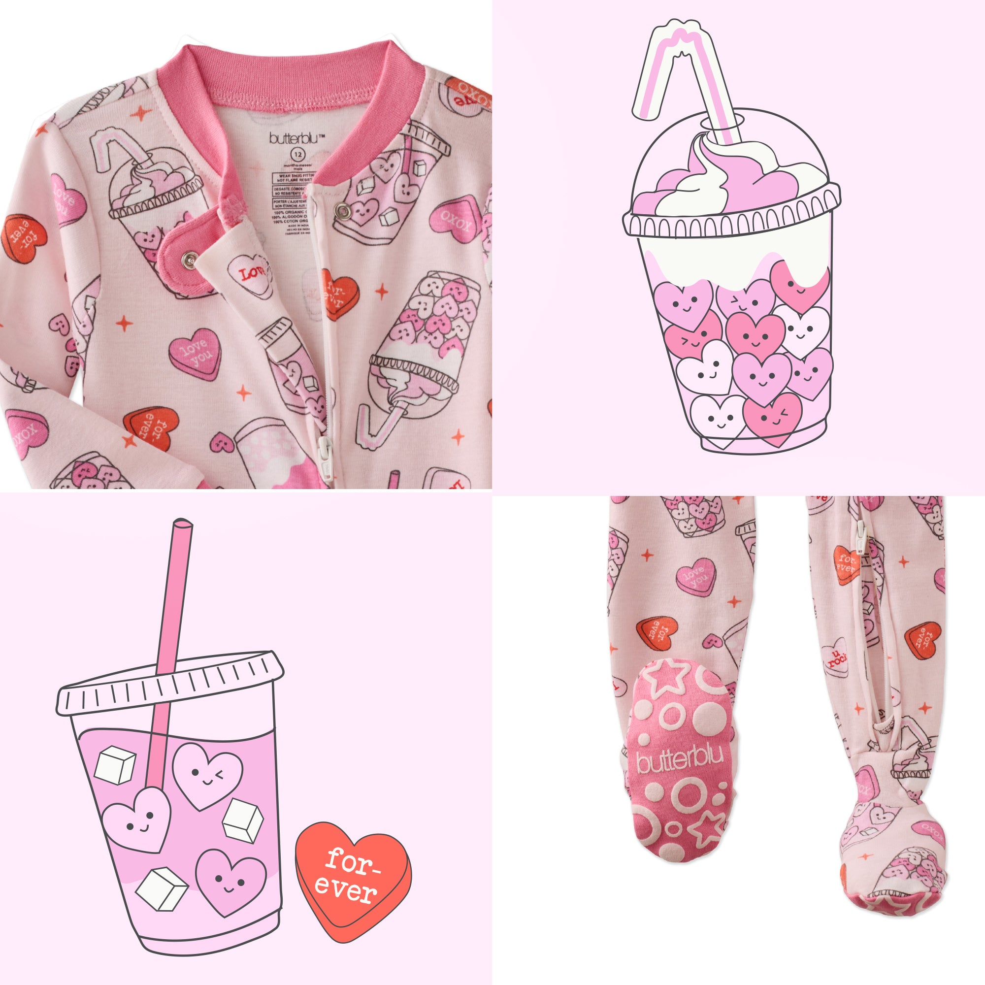 Butterblu Cruz snug-fit footed baby girls pajamas in Forever Sweet — GOTS-certified organic cotton zippered sleepers for baby girls