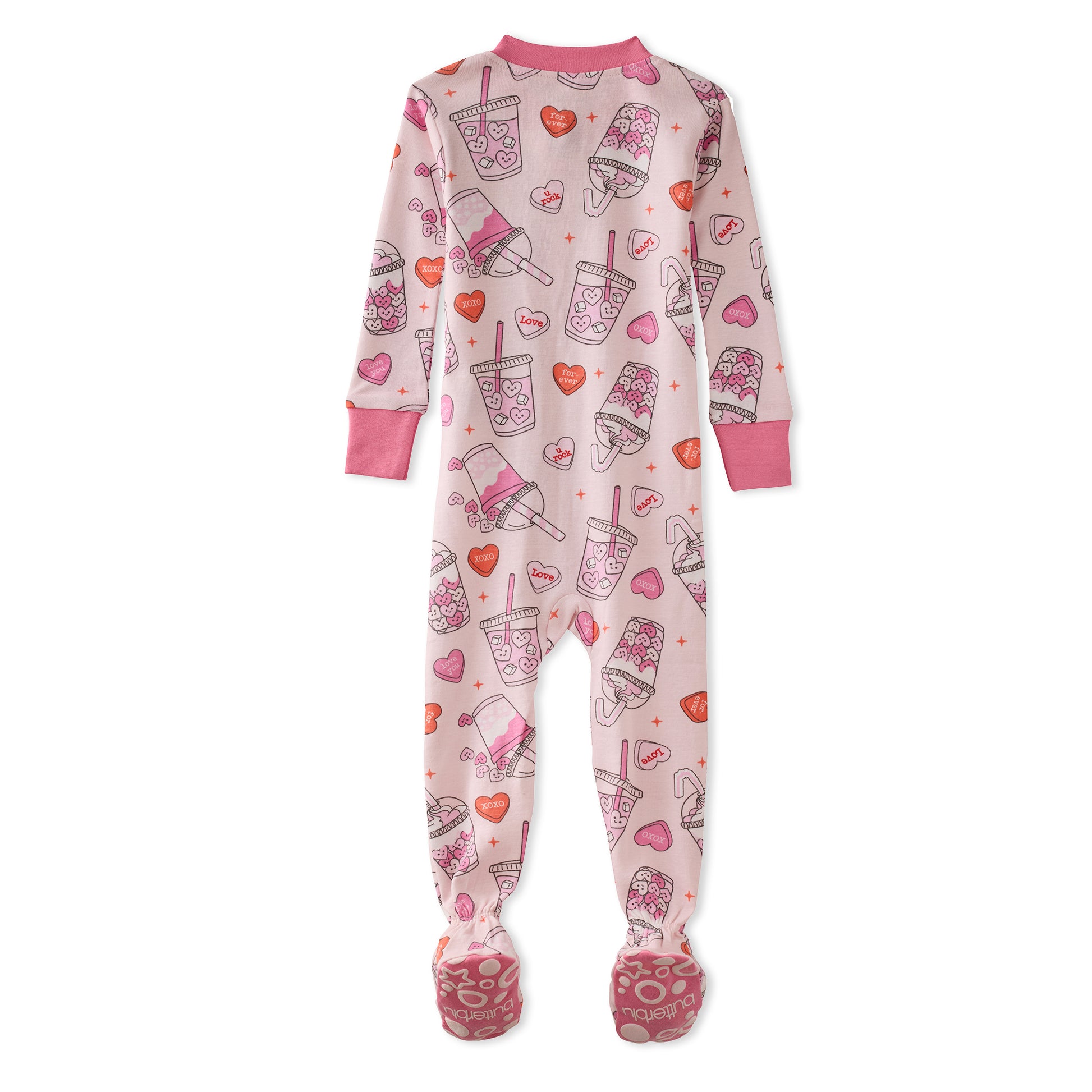Butterblu Cruz snug-fit footed baby girls pajamas in Forever Sweet — GOTS-certified organic cotton zippered sleepers for baby girls