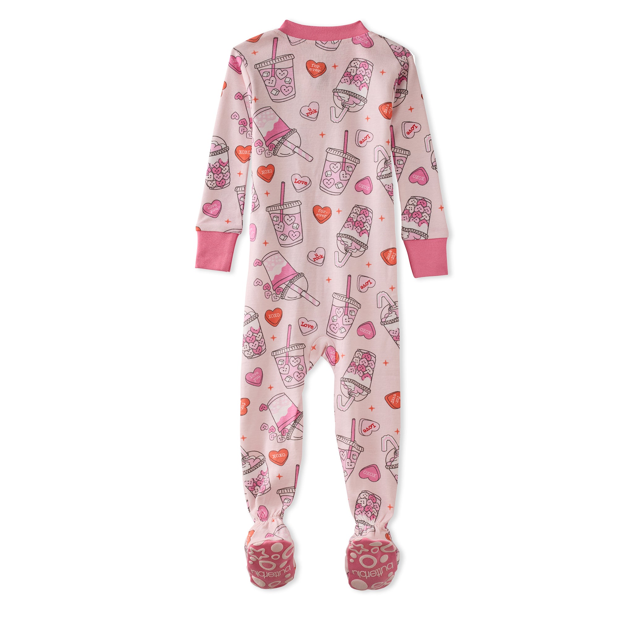 Butterblu Cruz snug-fit footed baby girls pajamas in Forever Sweet — GOTS-certified organic cotton zippered sleepers for baby girls