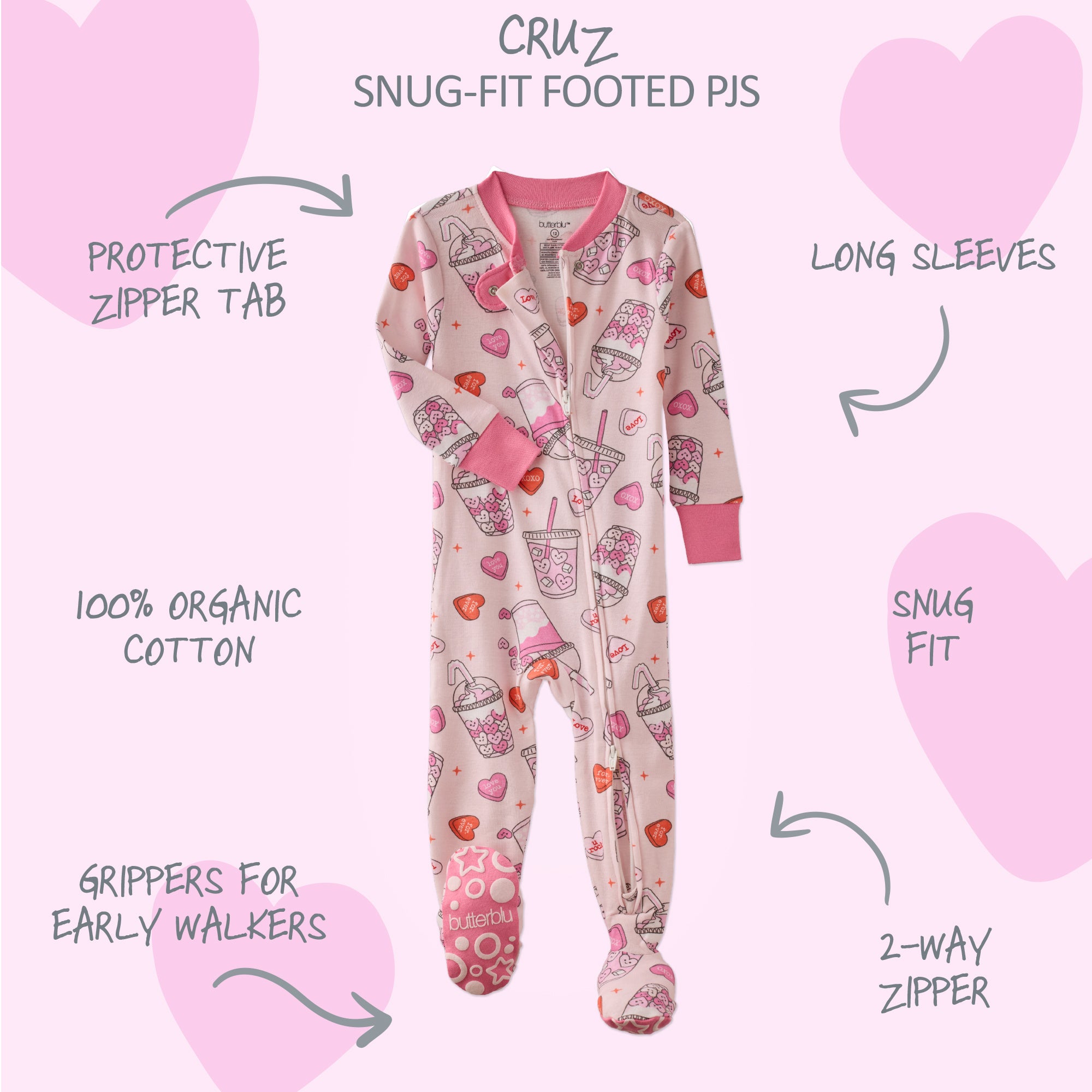 Butterblu Cruz snug-fit footed baby girls pajamas in Forever Sweet — GOTS-certified organic cotton zippered sleepers for baby girls