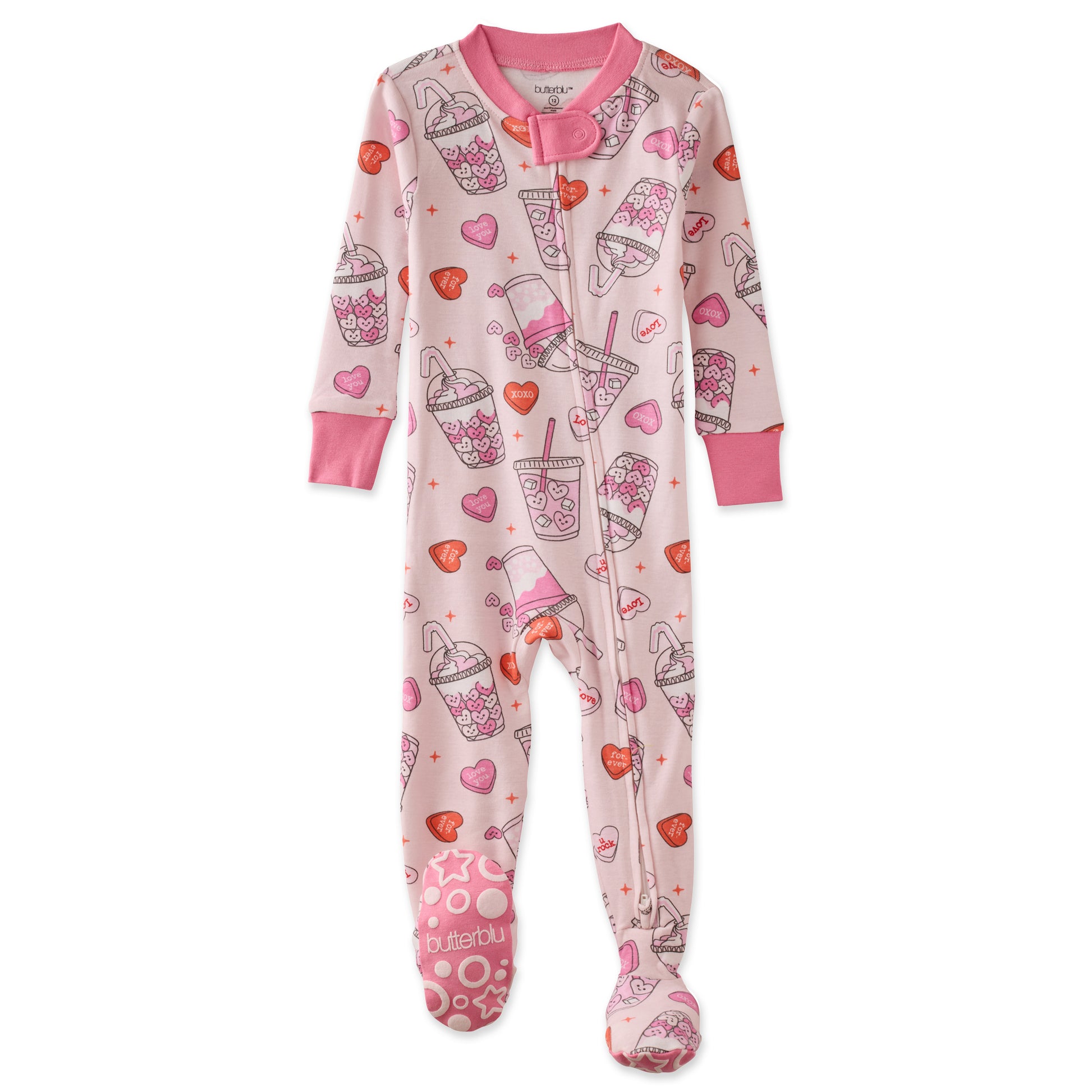 Butterblu Cruz snug-fit footed baby girls pajamas in Forever Sweet — GOTS-certified organic cotton zippered sleepers for baby girls