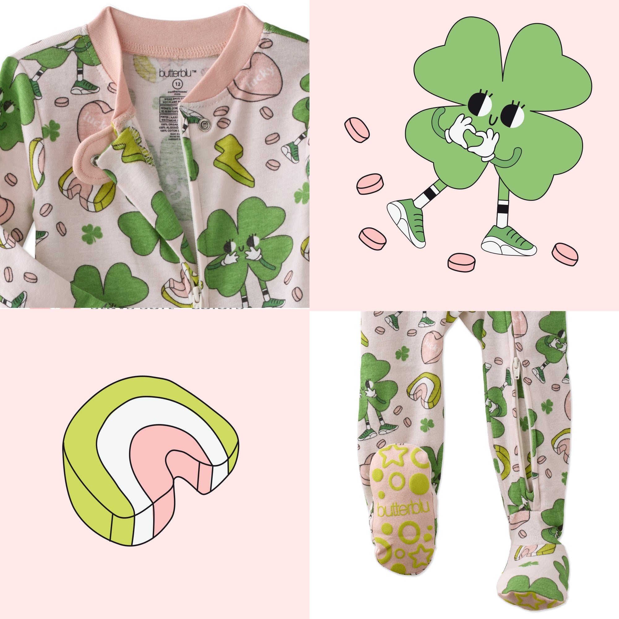 Children's pajama set with shamrock pattern, including top, pants, and footies, on a white background.