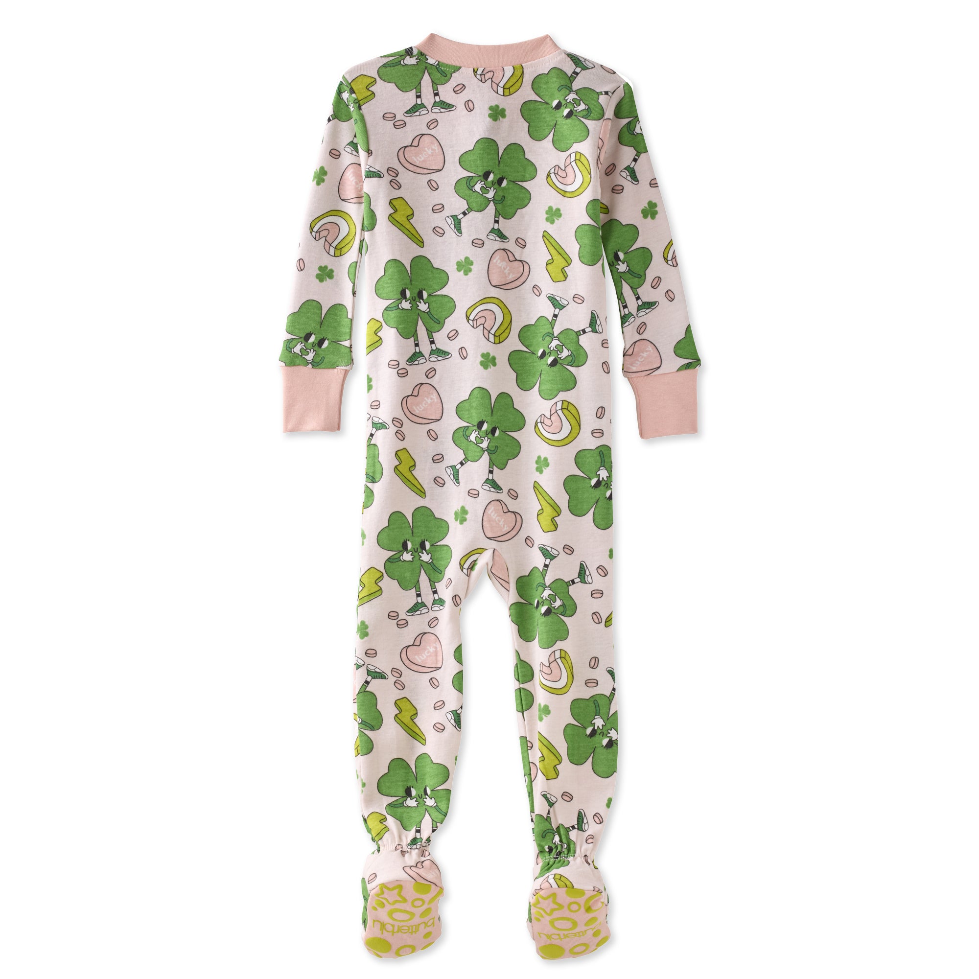 Baby onesie with green shamrock and heart pattern on a white background