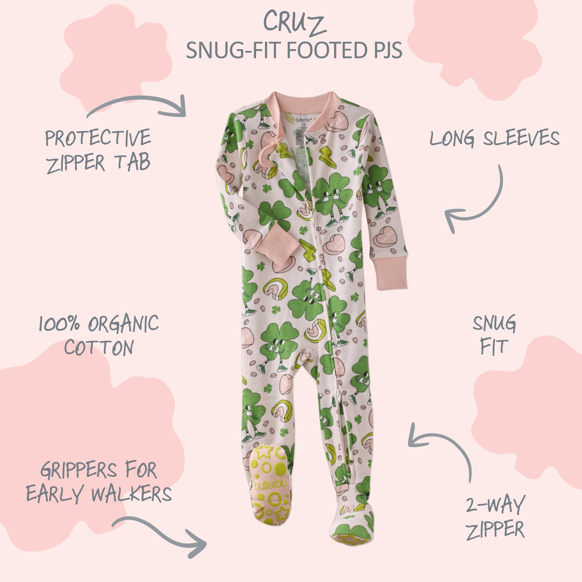 Children's onesie with shamrock pattern and product features on a pink background