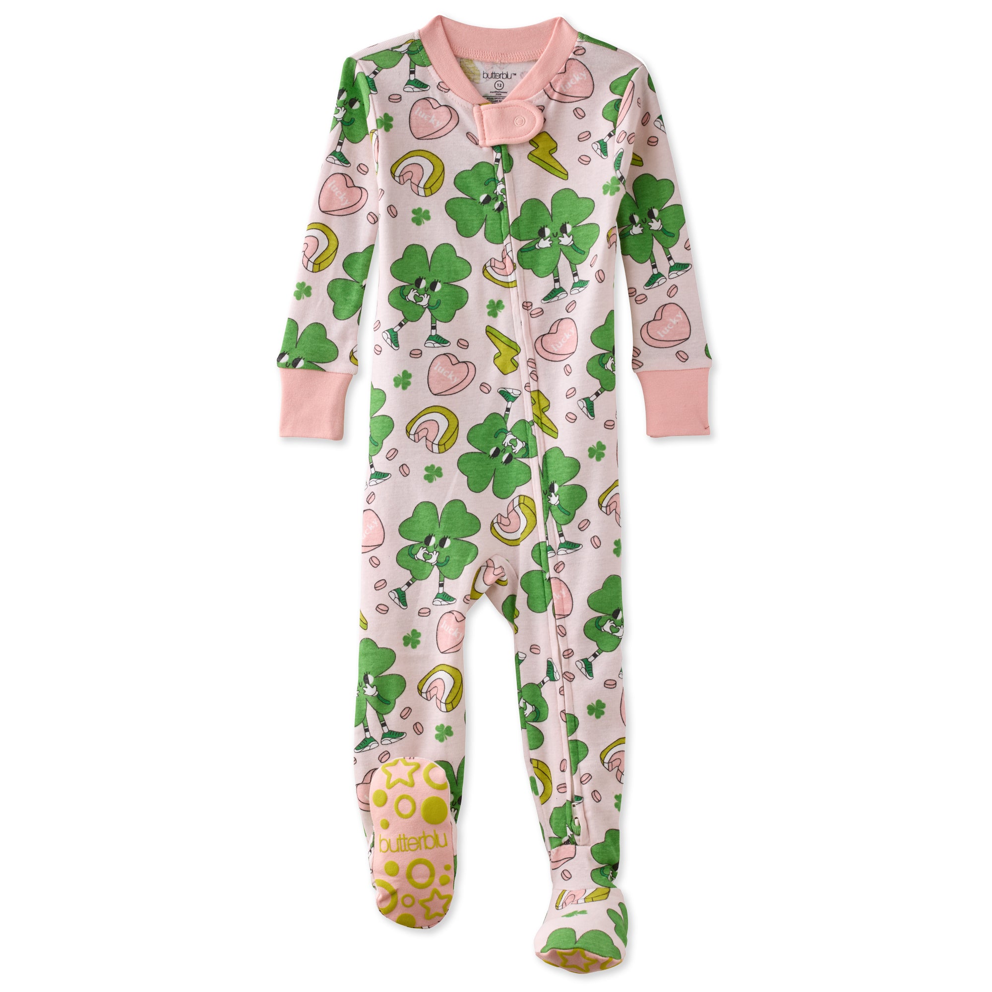 Baby onesie with shamrock and rainbow pattern on a white background