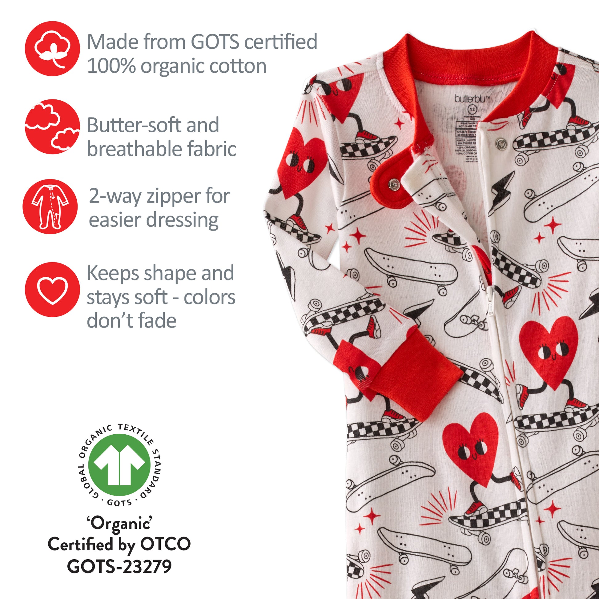 Butterblu Cruz snug-fit footed baby boys pajamas in Rad Valentine — GOTS-certified organic cotton zippered sleepers for baby boys