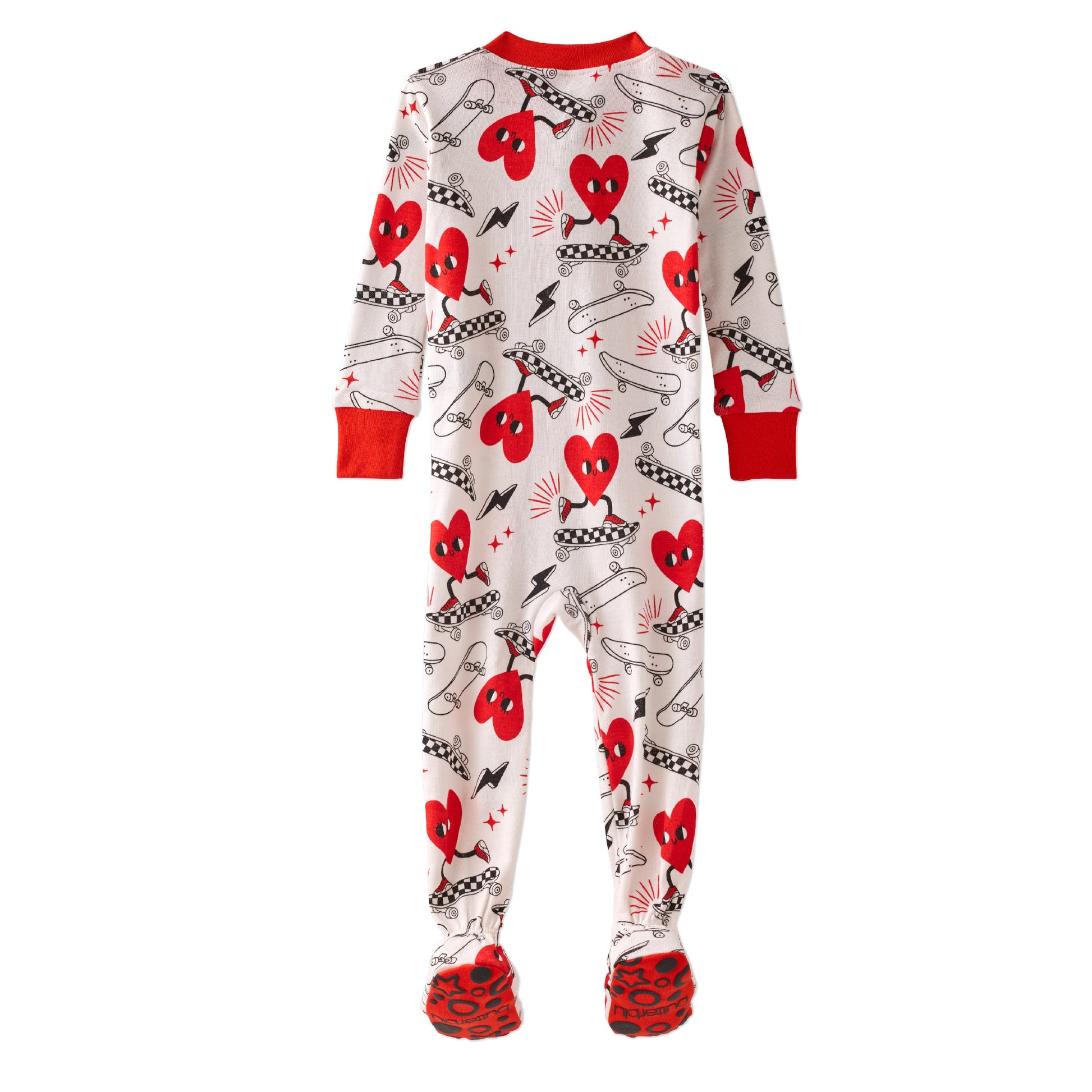 Butterblu Cruz snug-fit footed baby boys pajamas in Rad Valentine — GOTS-certified organic cotton zippered sleepers for baby boys