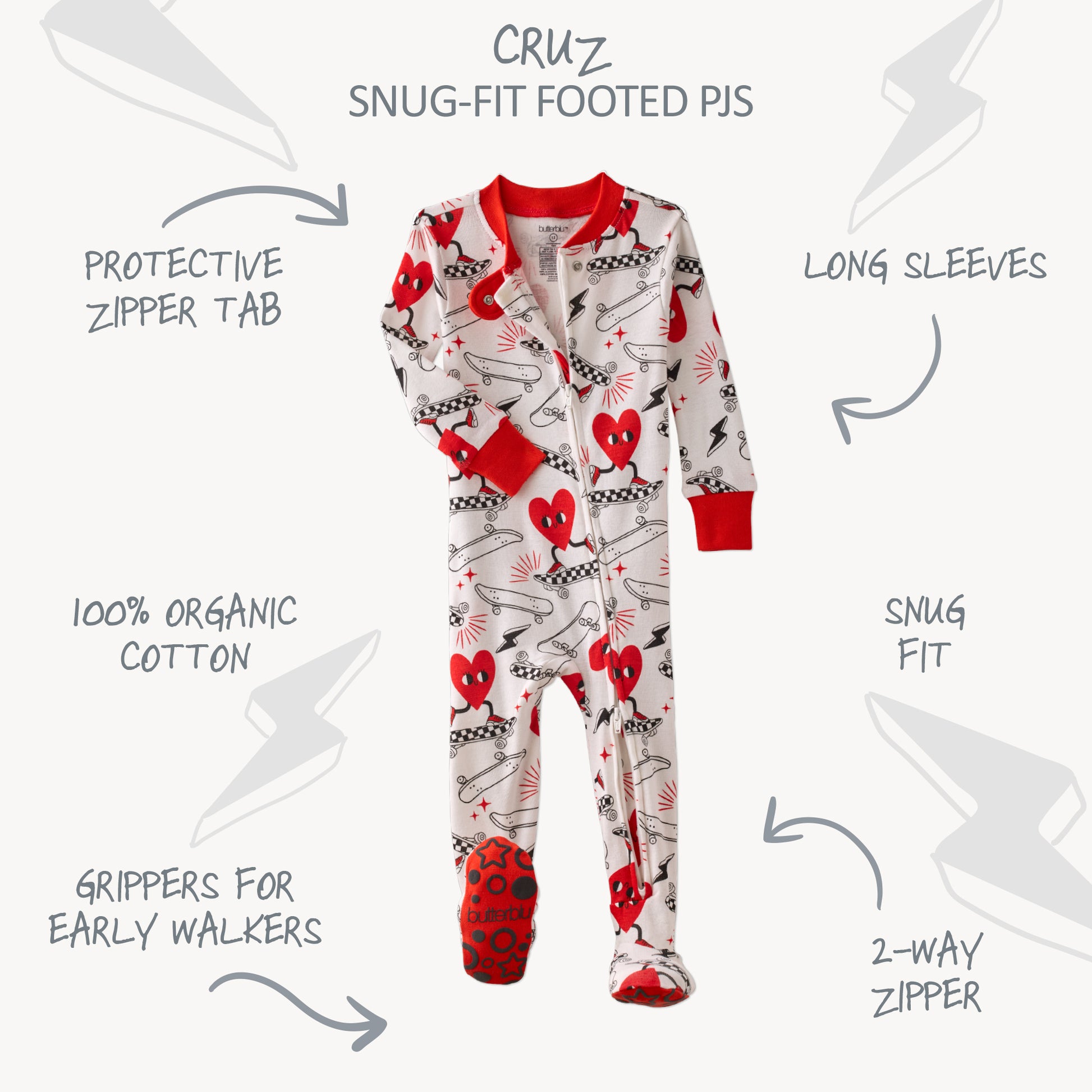 Butterblu Cruz snug-fit footed baby boys pajamas in Rad Valentine — GOTS-certified organic cotton zippered sleepers for baby boys