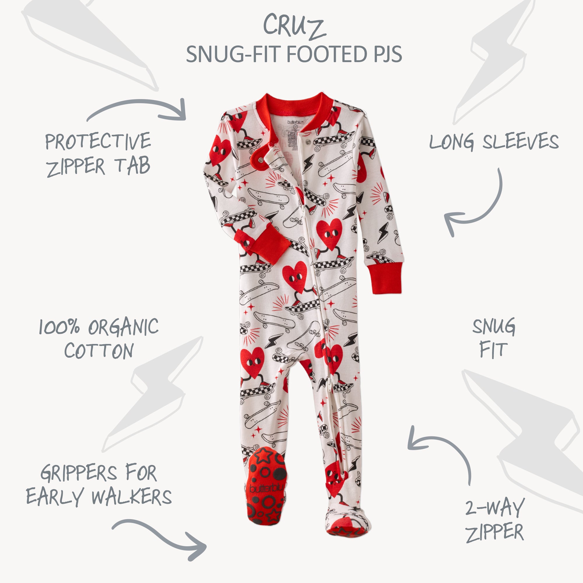 Butterblu Cruz snug-fit footed baby boys pajamas in Rad Valentine — GOTS-certified organic cotton zippered sleepers for baby boys