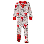 Butterblu Cruz snug-fit footed baby boys pajamas in Rad Valentine — GOTS-certified organic cotton zippered sleepers for baby boys