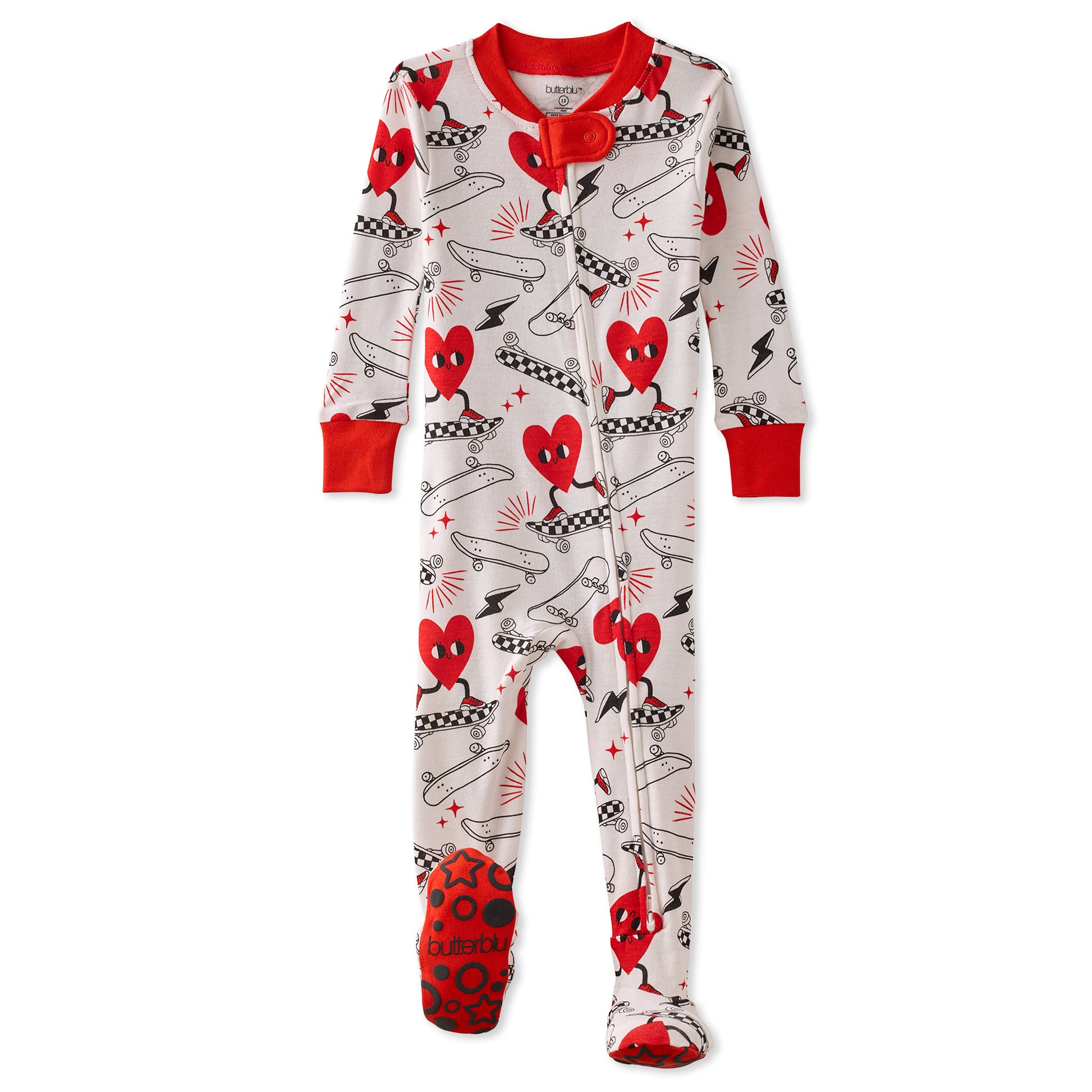 Butterblu Cruz snug-fit footed baby boys pajamas in Rad Valentine — GOTS-certified organic cotton zippered sleepers for baby boys