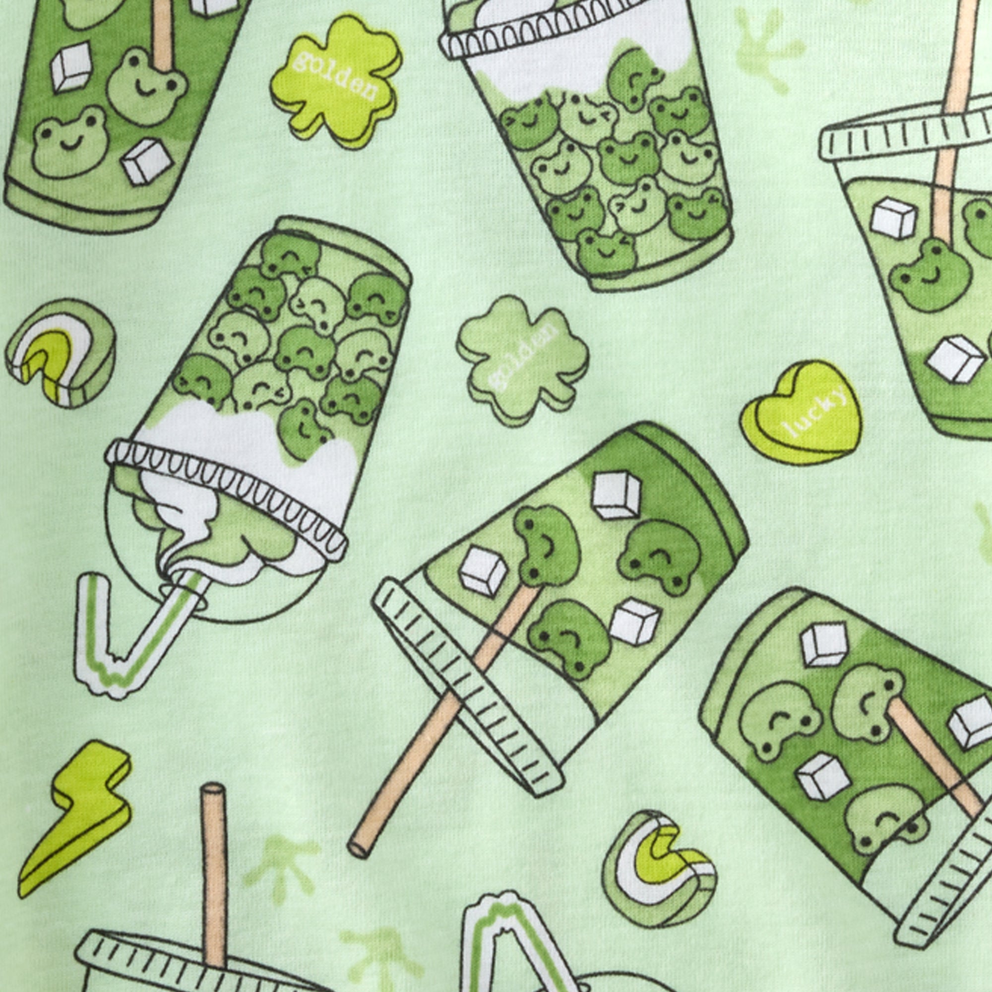 Pattern of green bubble tea cups with shamrock leaves on a light green background