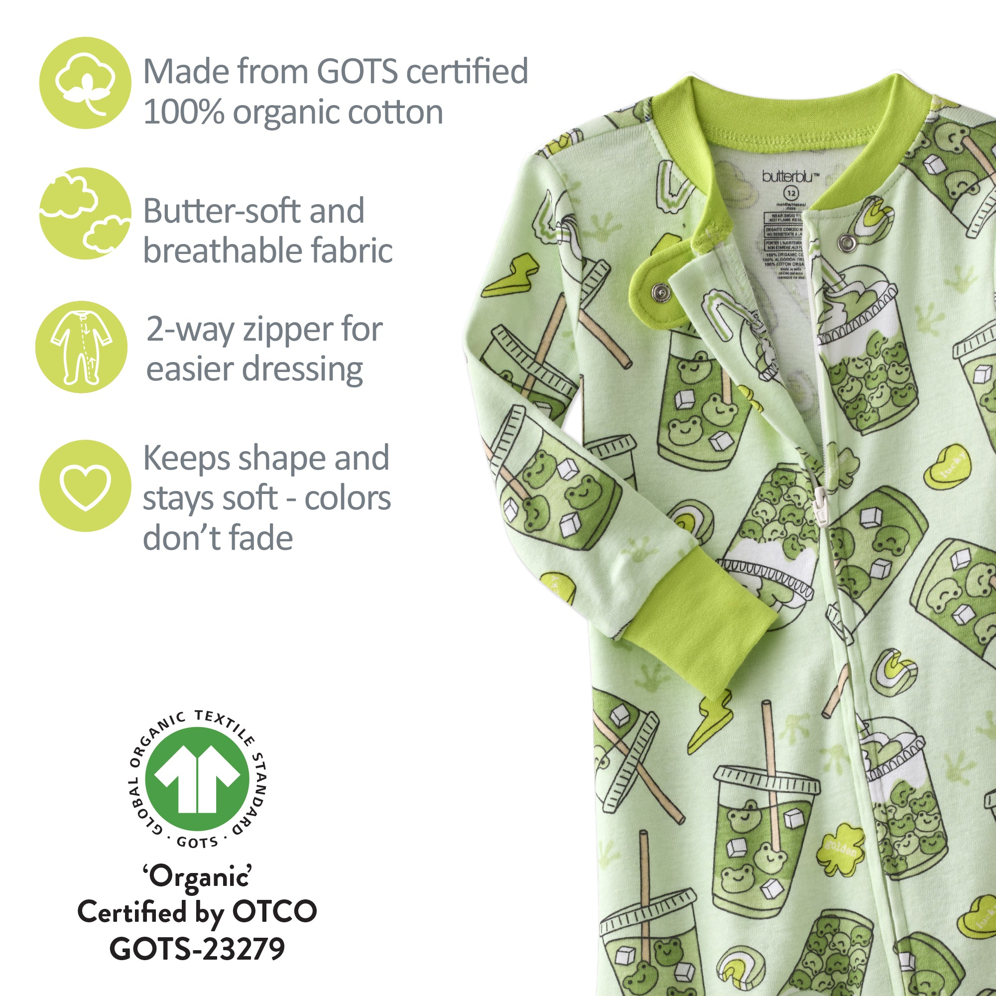 Children's organic cotton onesie with green pattern and text highlighting features.