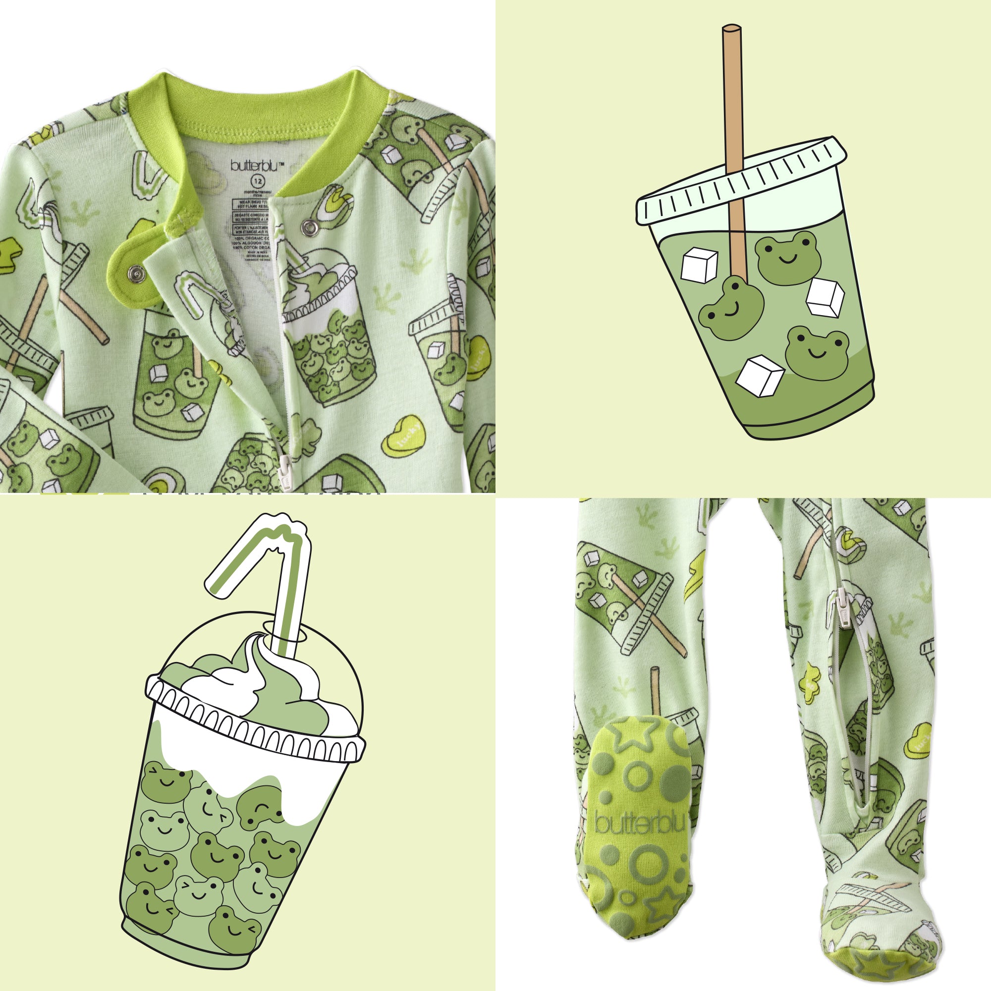 Children's pajama set with matcha green tea cup design on a light yellow background