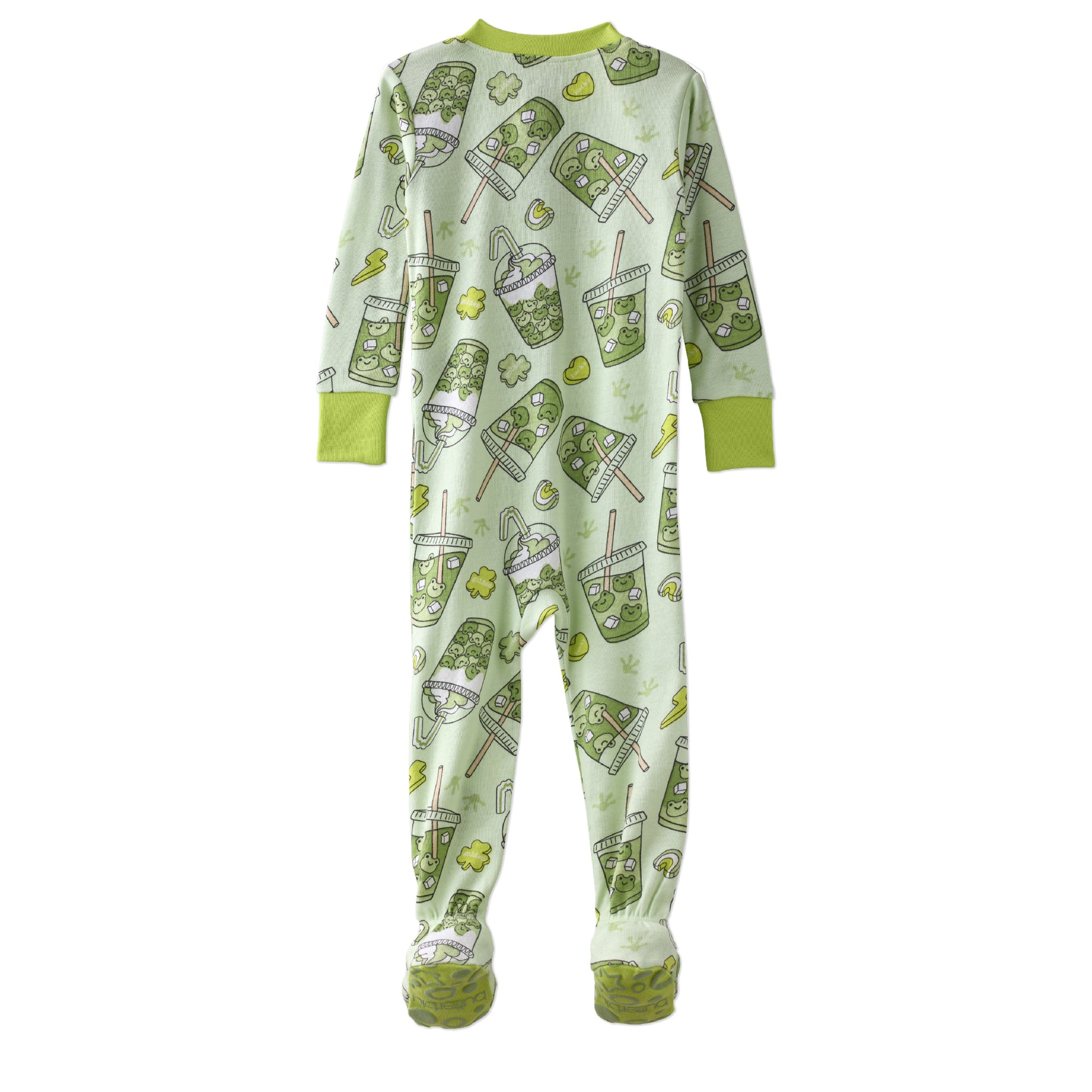 Children's onesie with green and white pattern on a white background