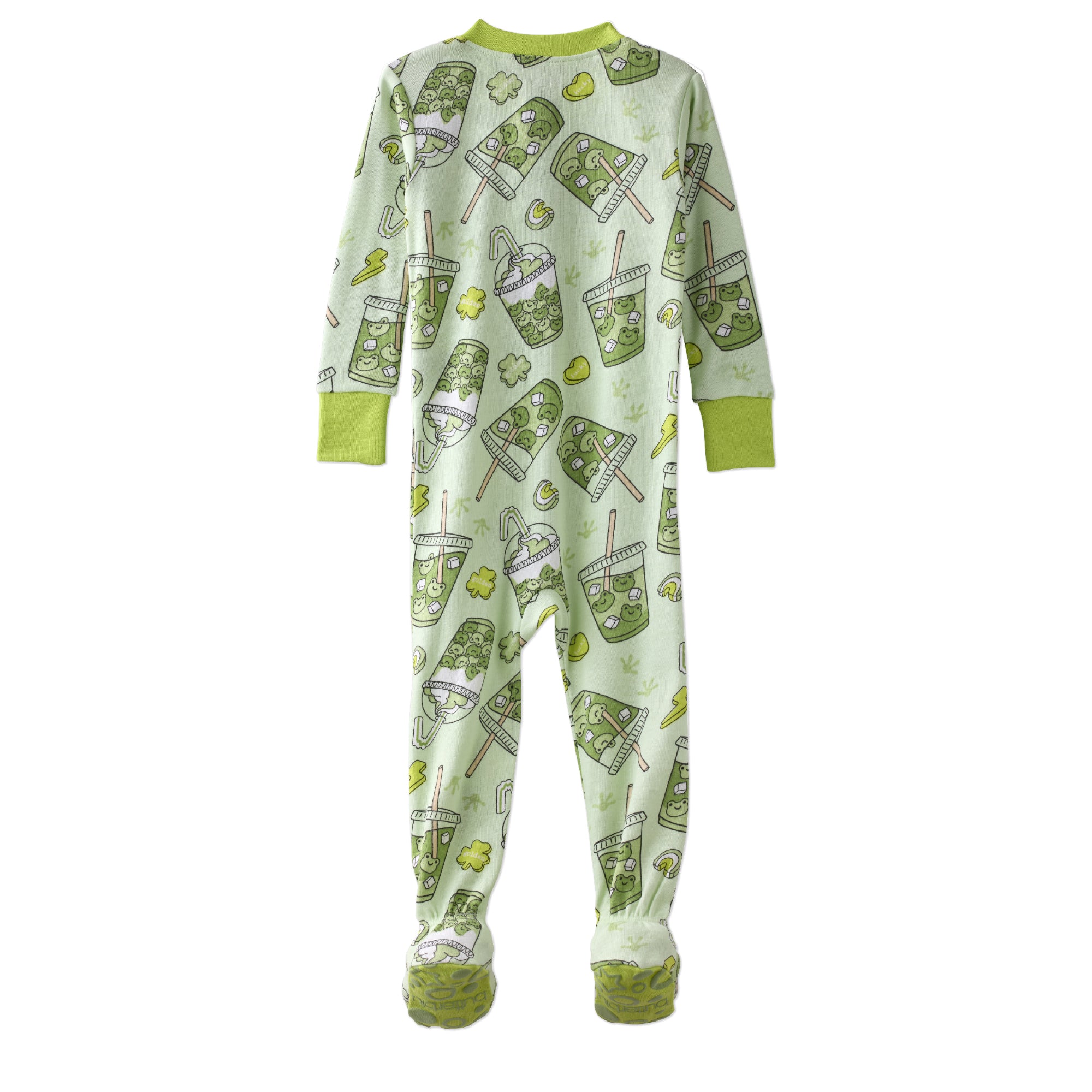 Children's onesie with green and white pattern on a white background
