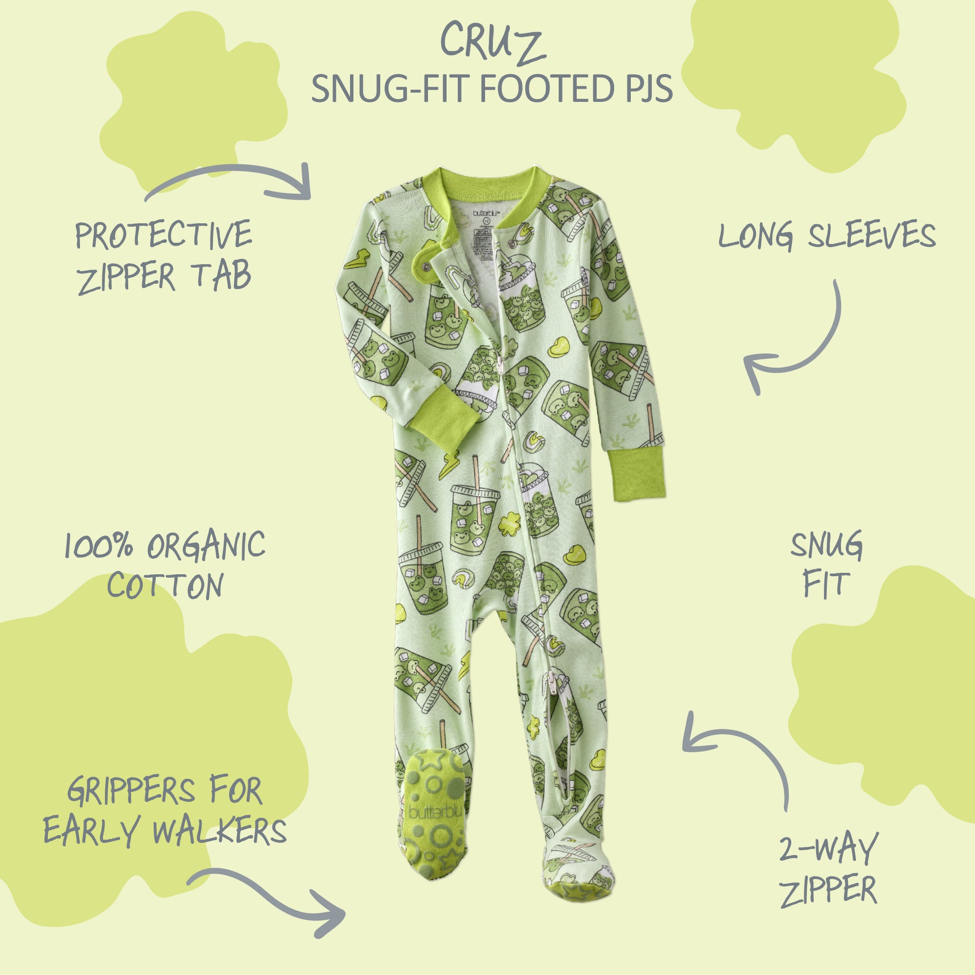 Green and white pajama set with text describing features on a light yellow background