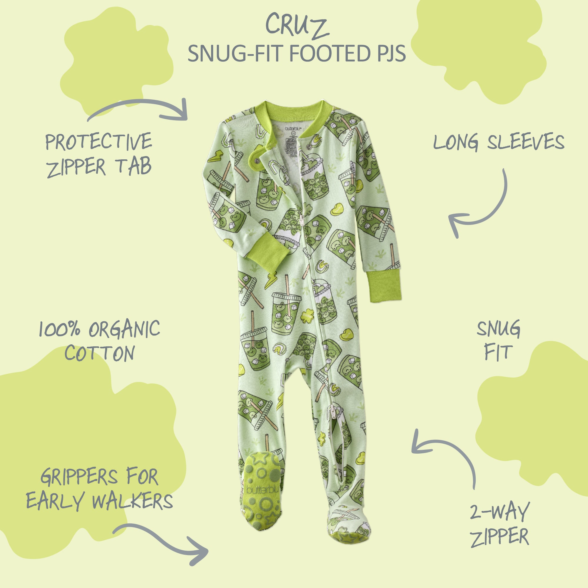 Green and white pajama set with text describing features on a light yellow background