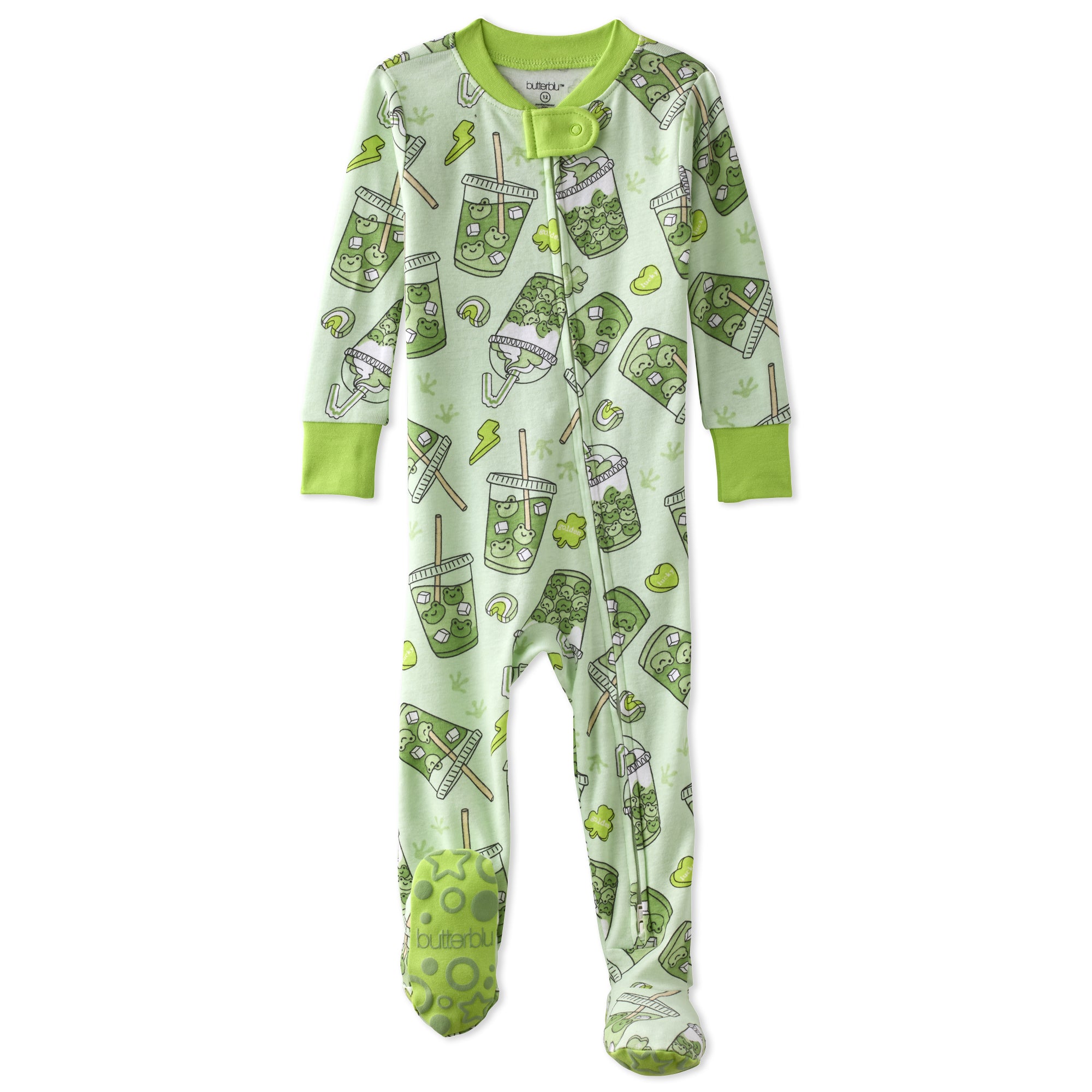 Green baby onesie with pattern on a white background
