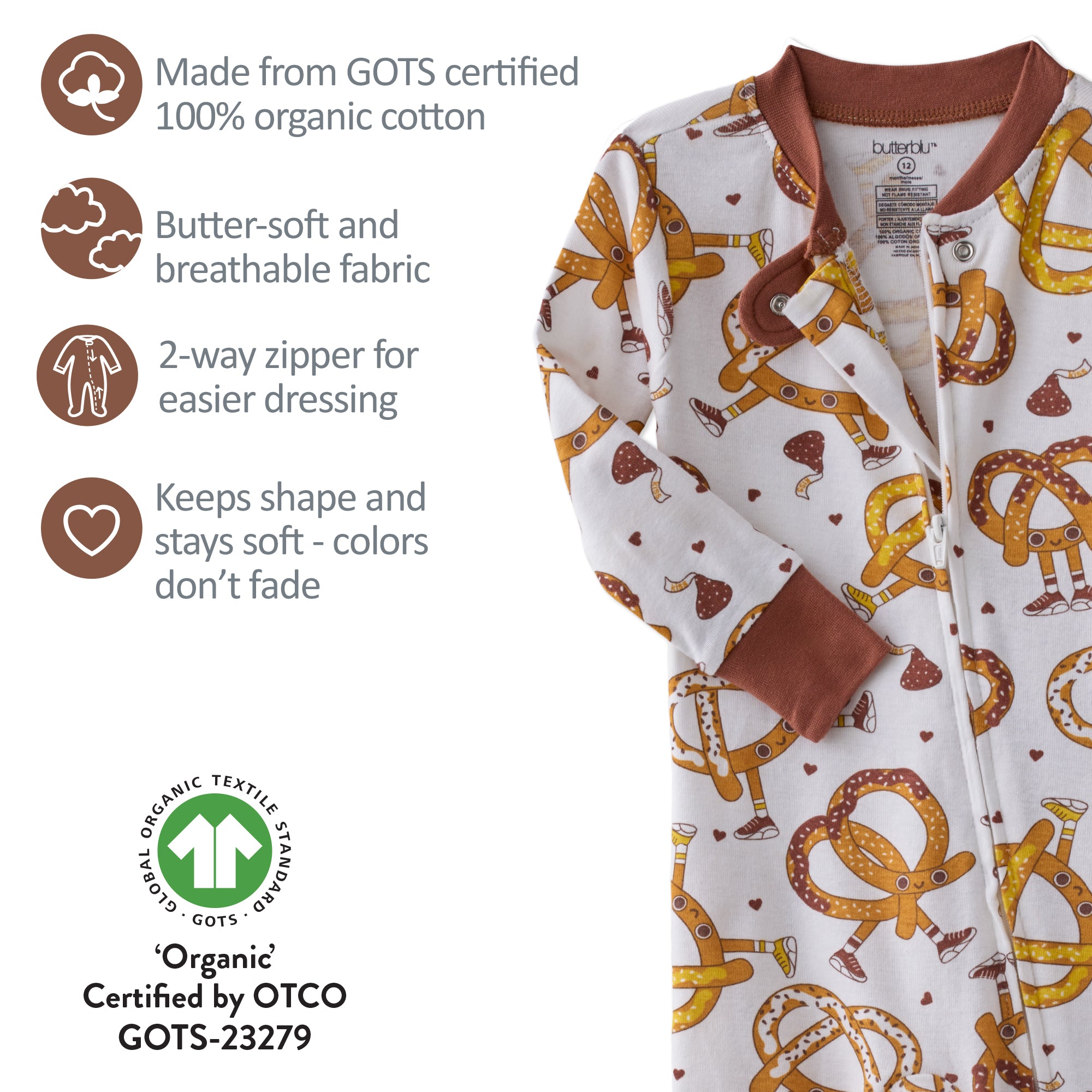 Baby onesie with pretzel pattern and organic cotton certification details.