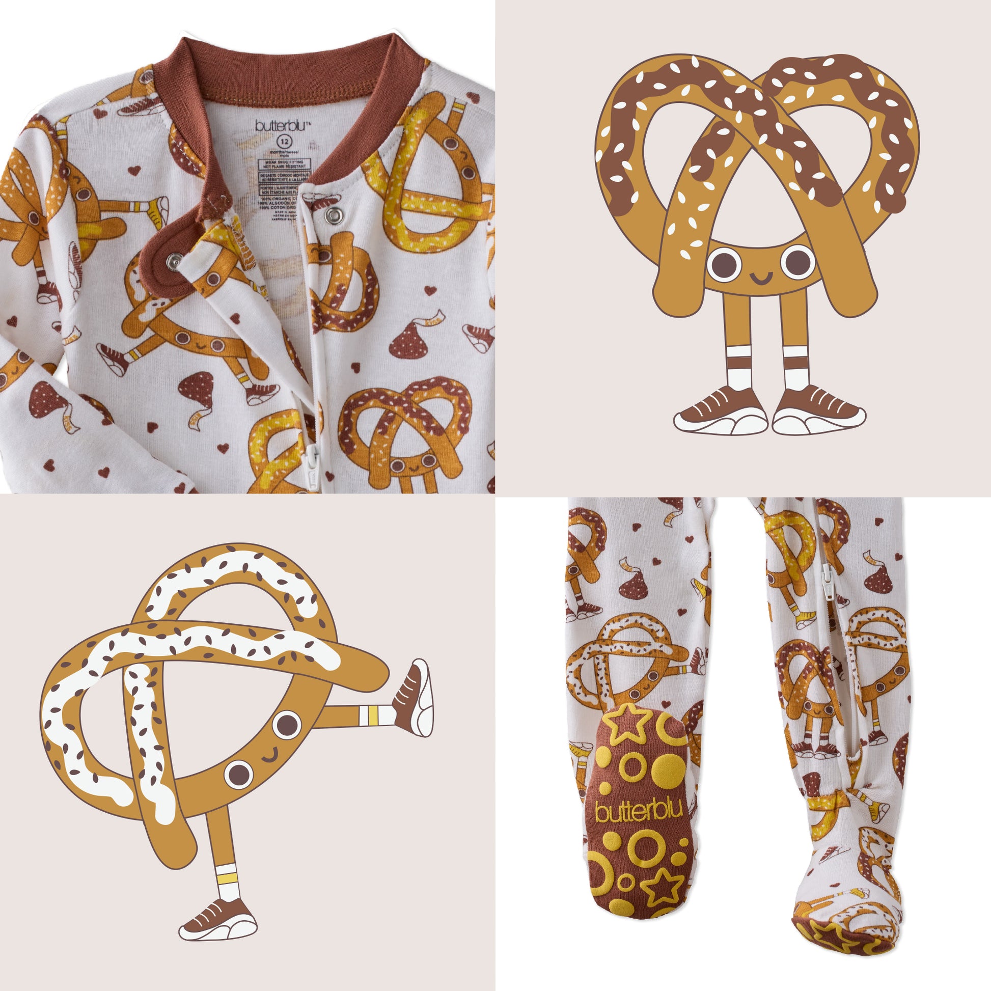 Baby clothing set with pretzel pattern including onesie, pants, and character illustration.