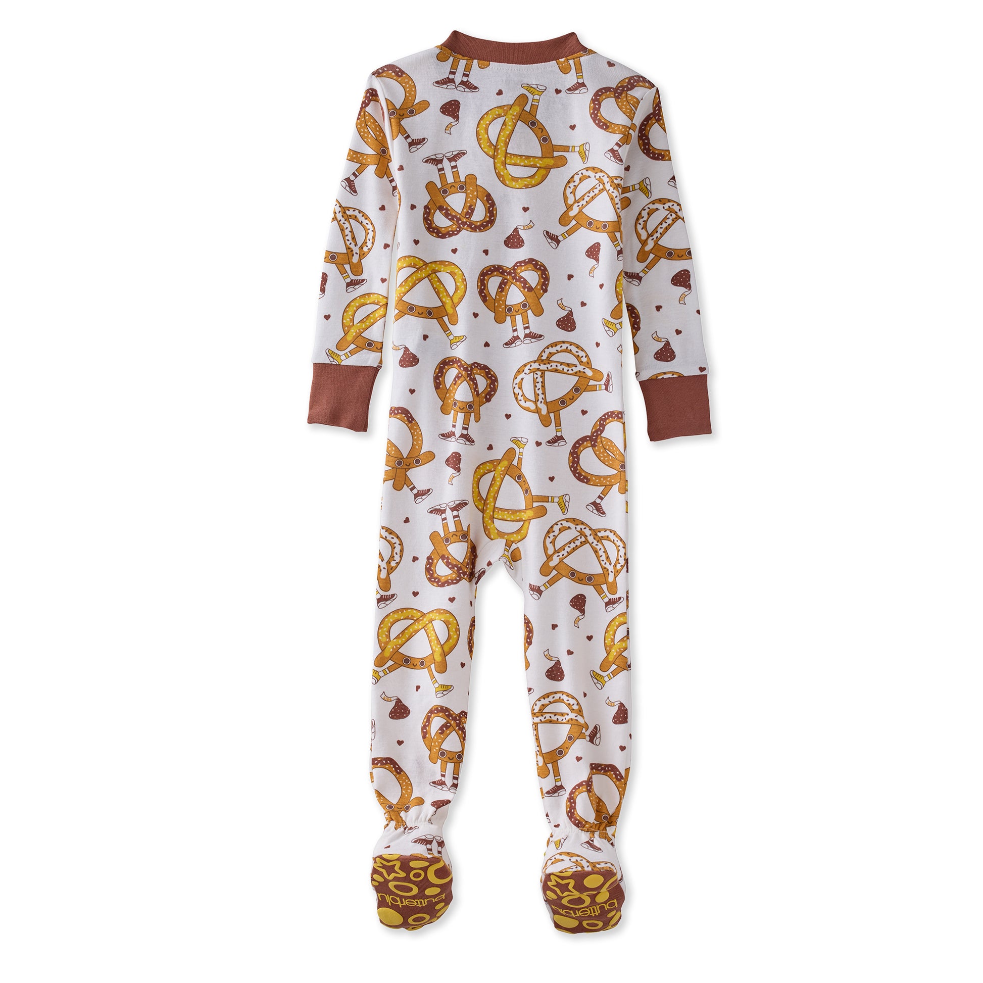 Children's onesie with pretzel pattern on a white background