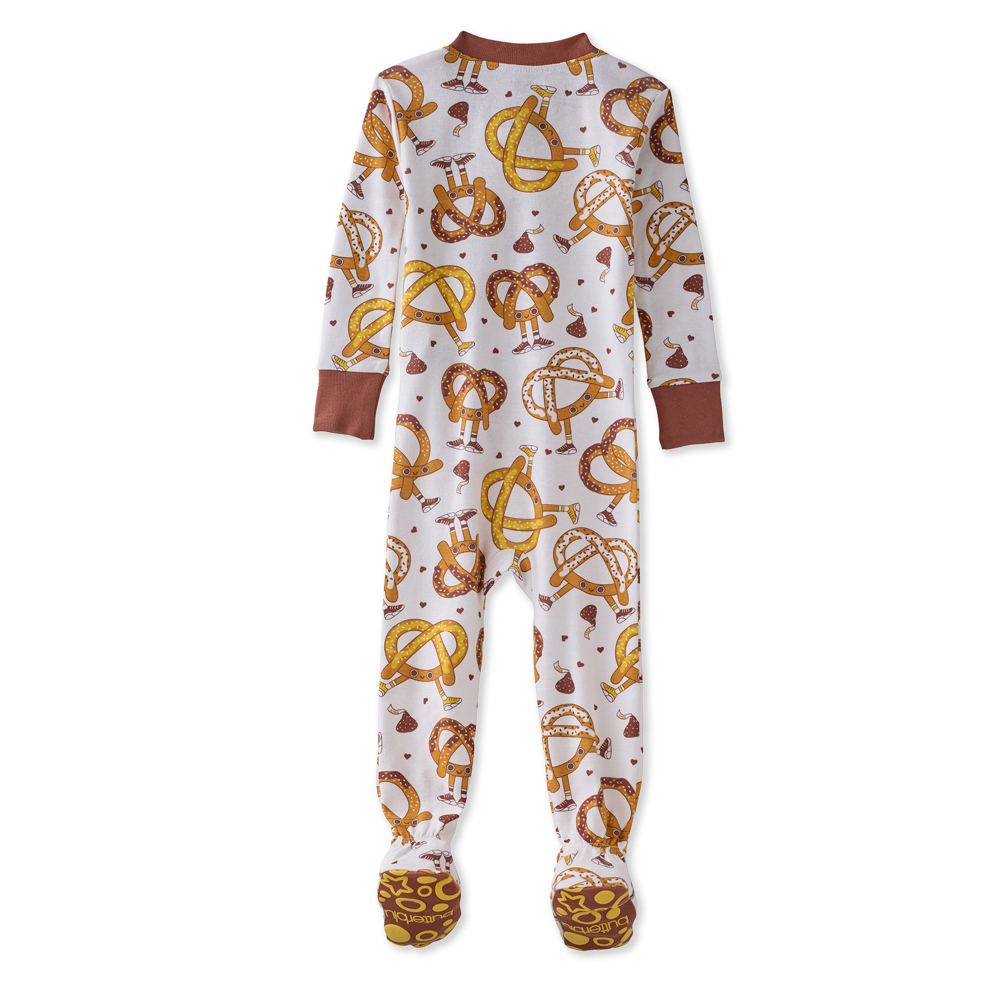 Children's onesie with pretzel pattern on a white background