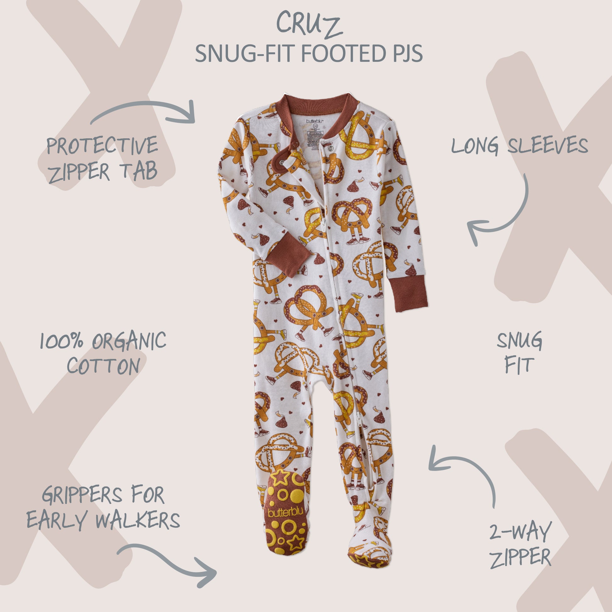 Children's onesie with pretzel pattern on a light gray background with text detailing features.