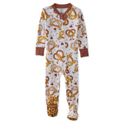 Children's onesie with pretzel pattern on a white background