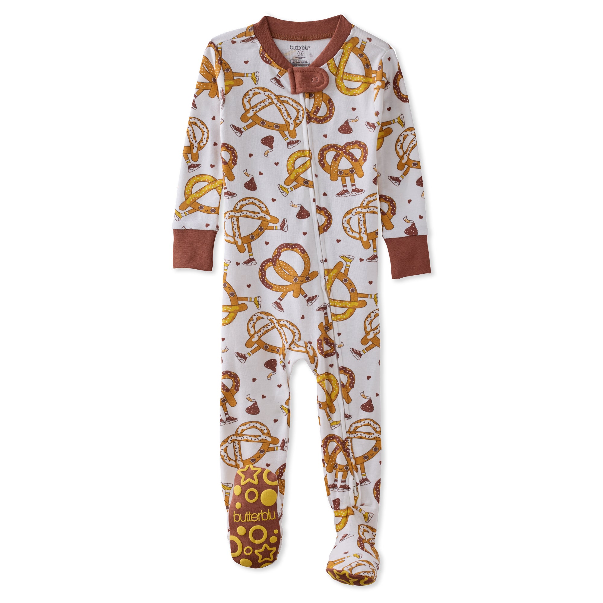 Children's onesie with pretzel pattern on a white background
