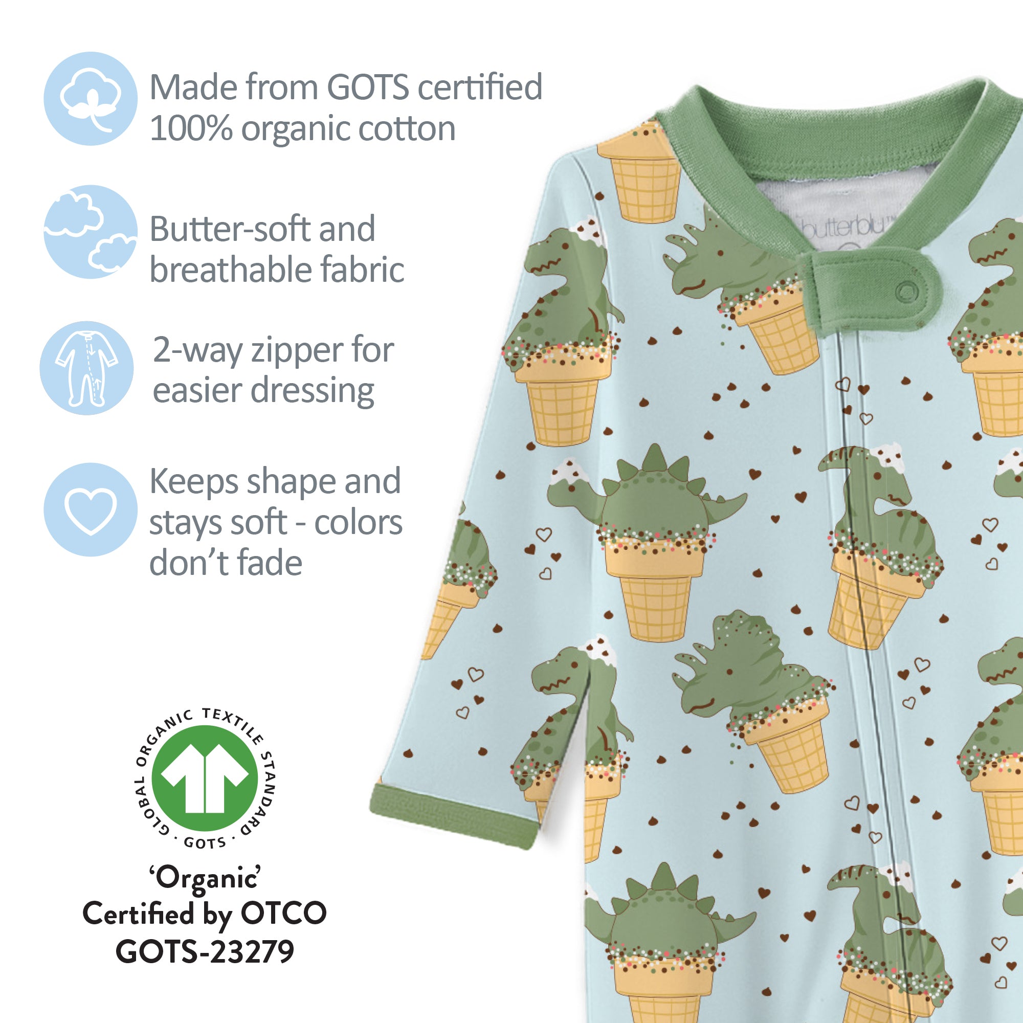 Butterblu Scout sleep and play baby boys pajamas in Dino Scream — GOTS-certified organic cotton footed pajamas with two-way zipper