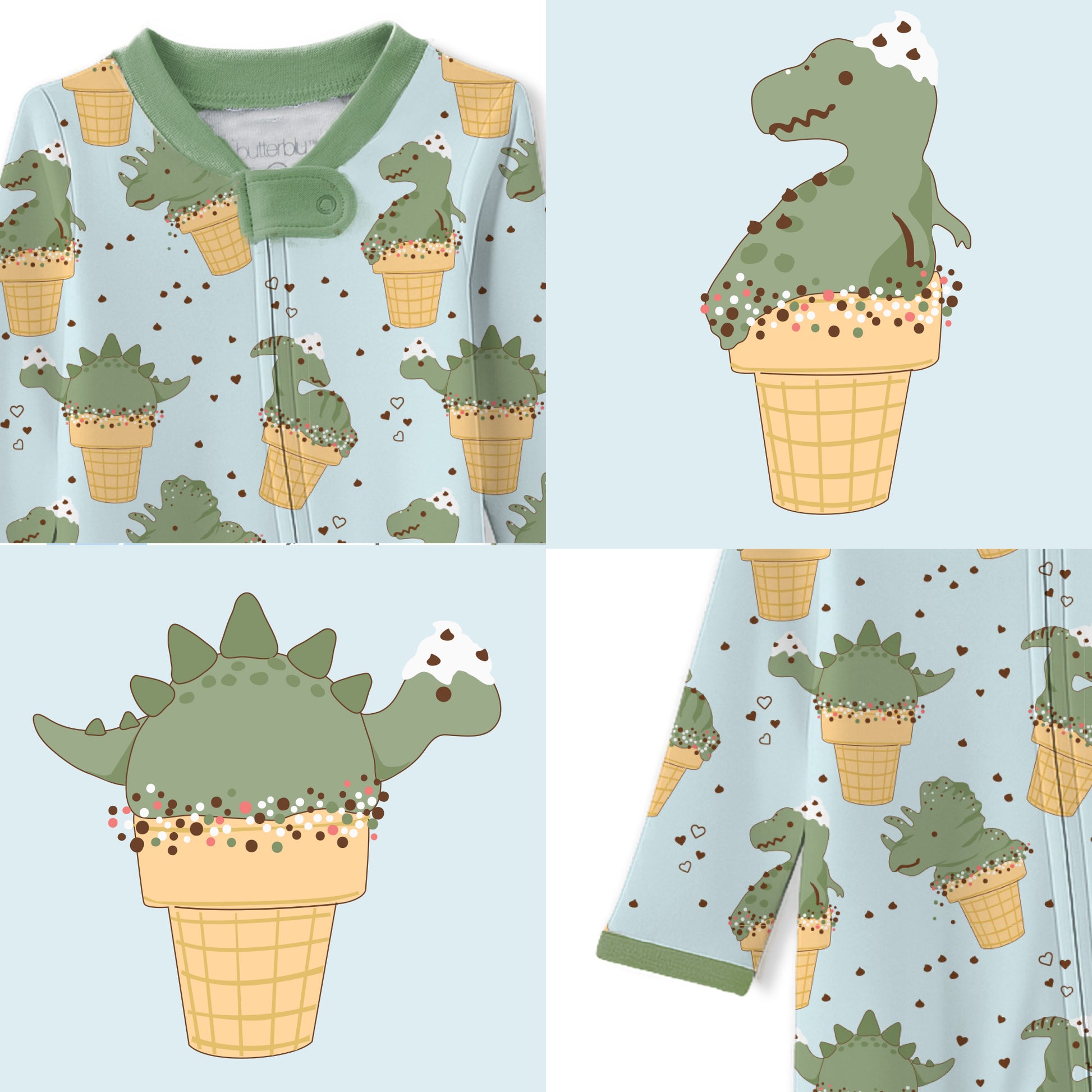 Butterblu Scout sleep and play baby boys pajamas in Dino Scream — GOTS-certified organic cotton footed pajamas with two-way zipper