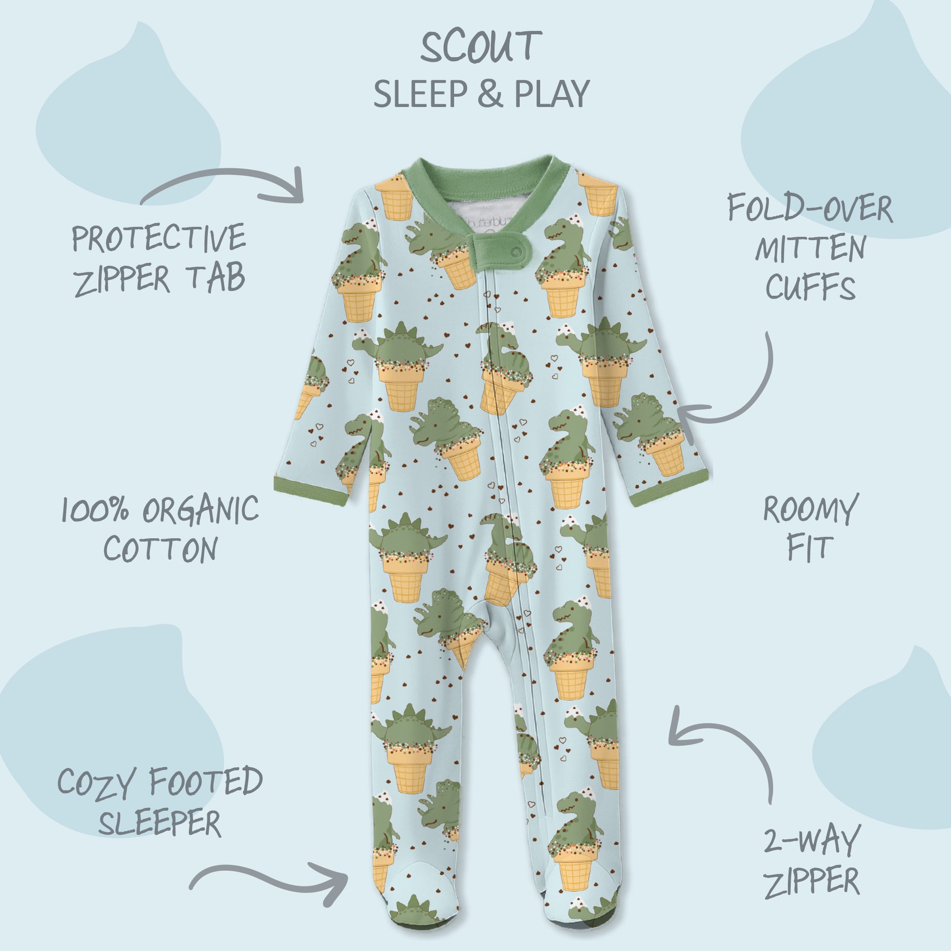 Butterblu Scout sleep and play baby boys pajamas in Dino Scream — GOTS-certified organic cotton footed pajamas with two-way zipper