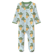 Butterblu Scout sleep and play baby boys pajamas in Dino Scream — GOTS-certified organic cotton footed pajamas with two-way zipper
