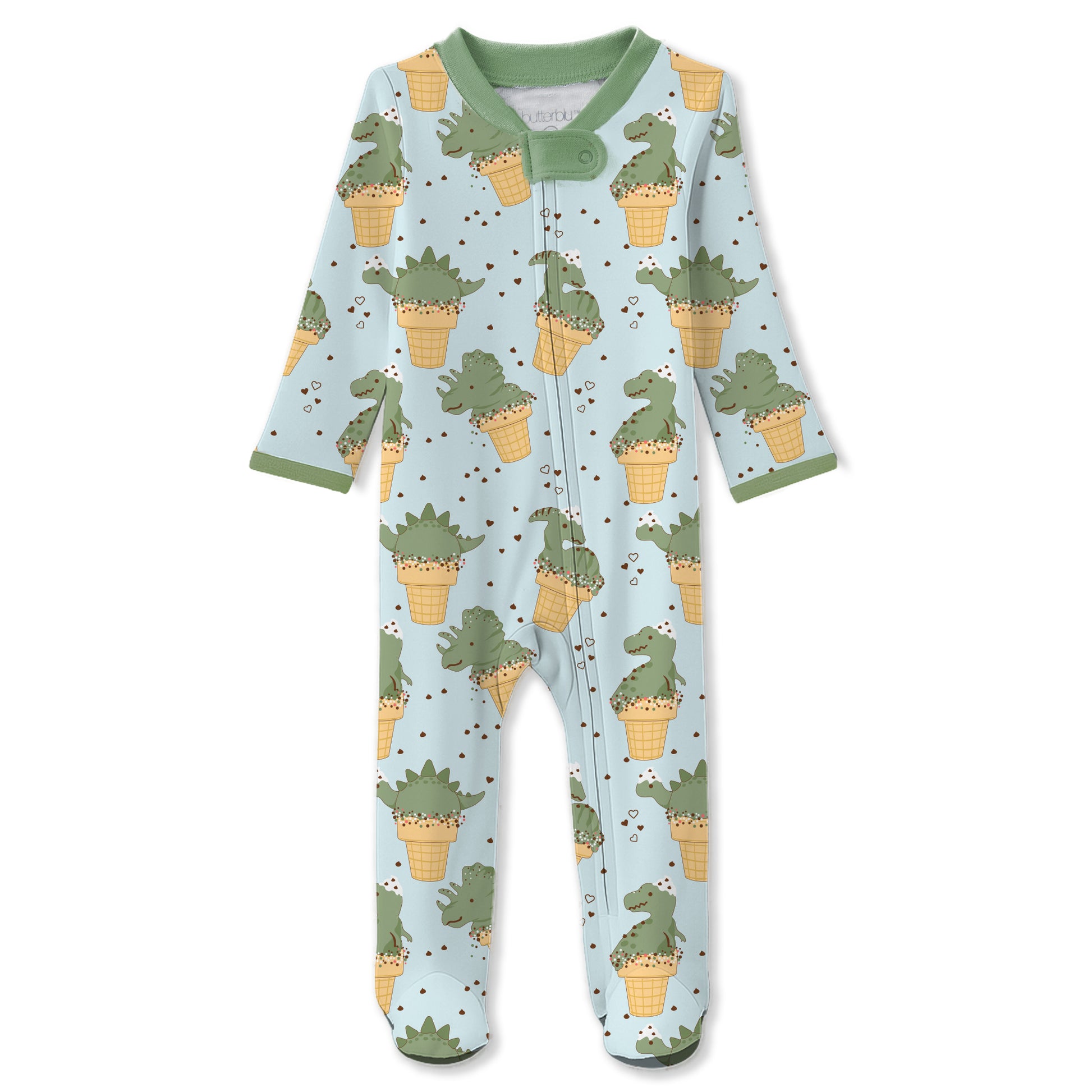 Butterblu Scout sleep and play baby boys pajamas in Dino Scream — GOTS-certified organic cotton footed pajamas with two-way zipper