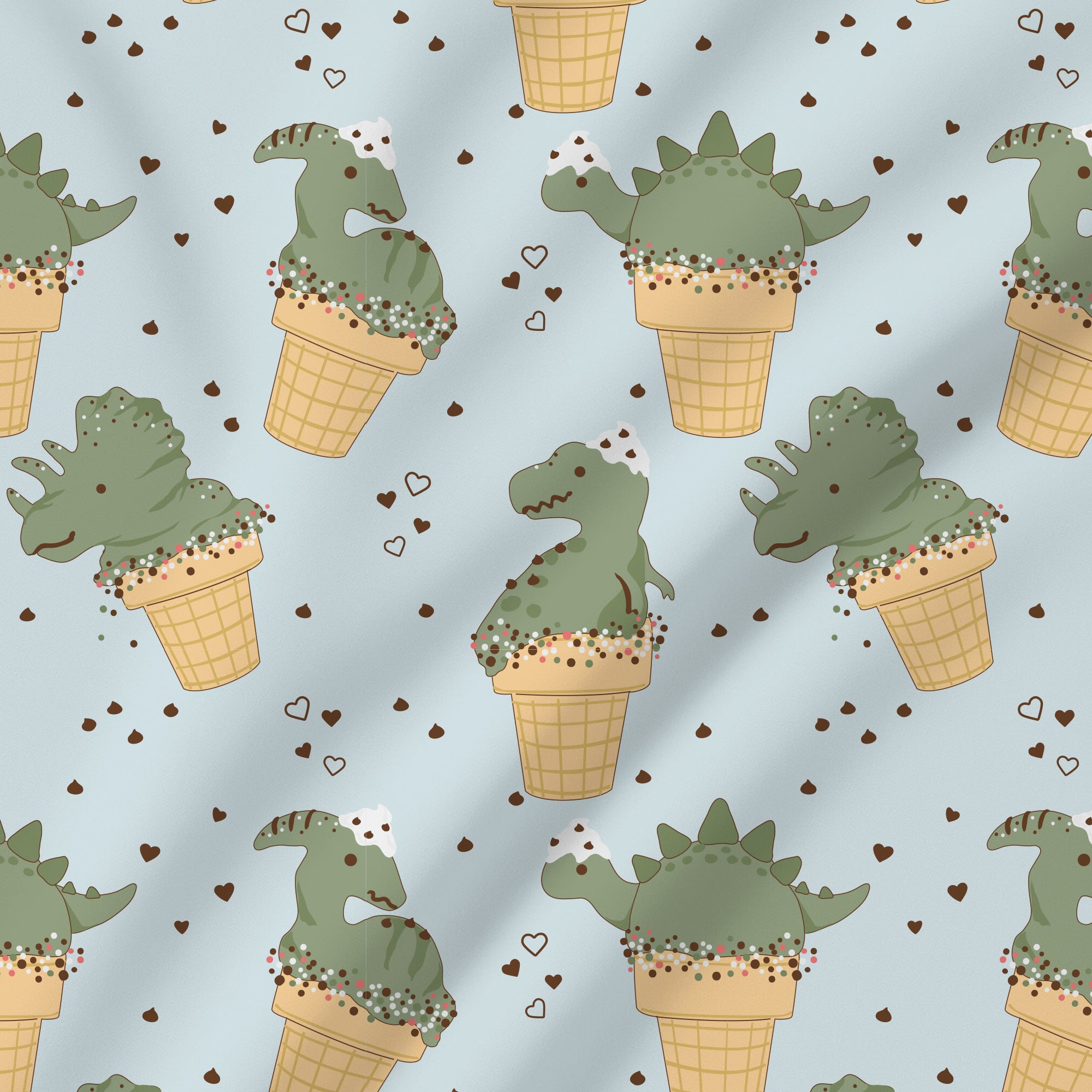 Pattern of green dinosaurs in ice cream cones on a light blue background with small hearts.