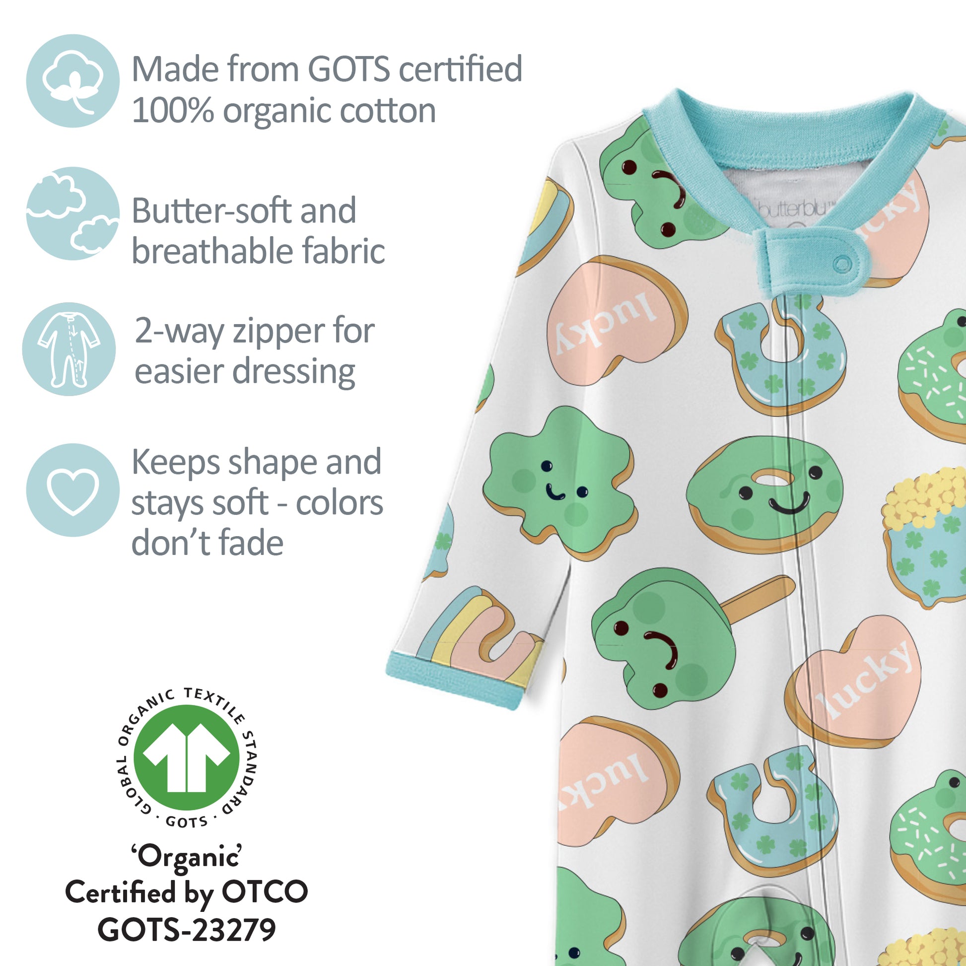 Baby onesie with cookie pattern and product features listed on the left