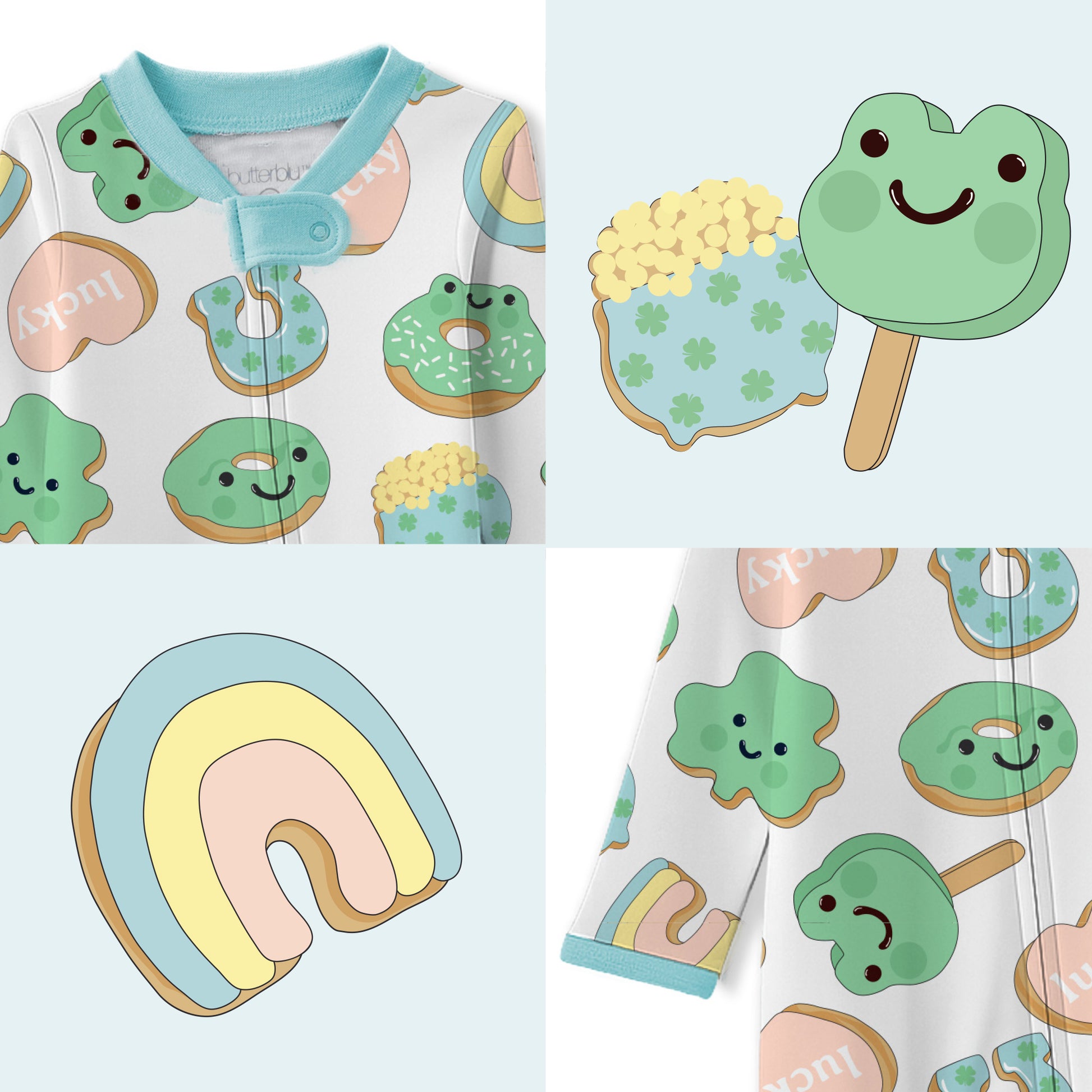 Children's pajama set with cookie-themed design on a light blue background