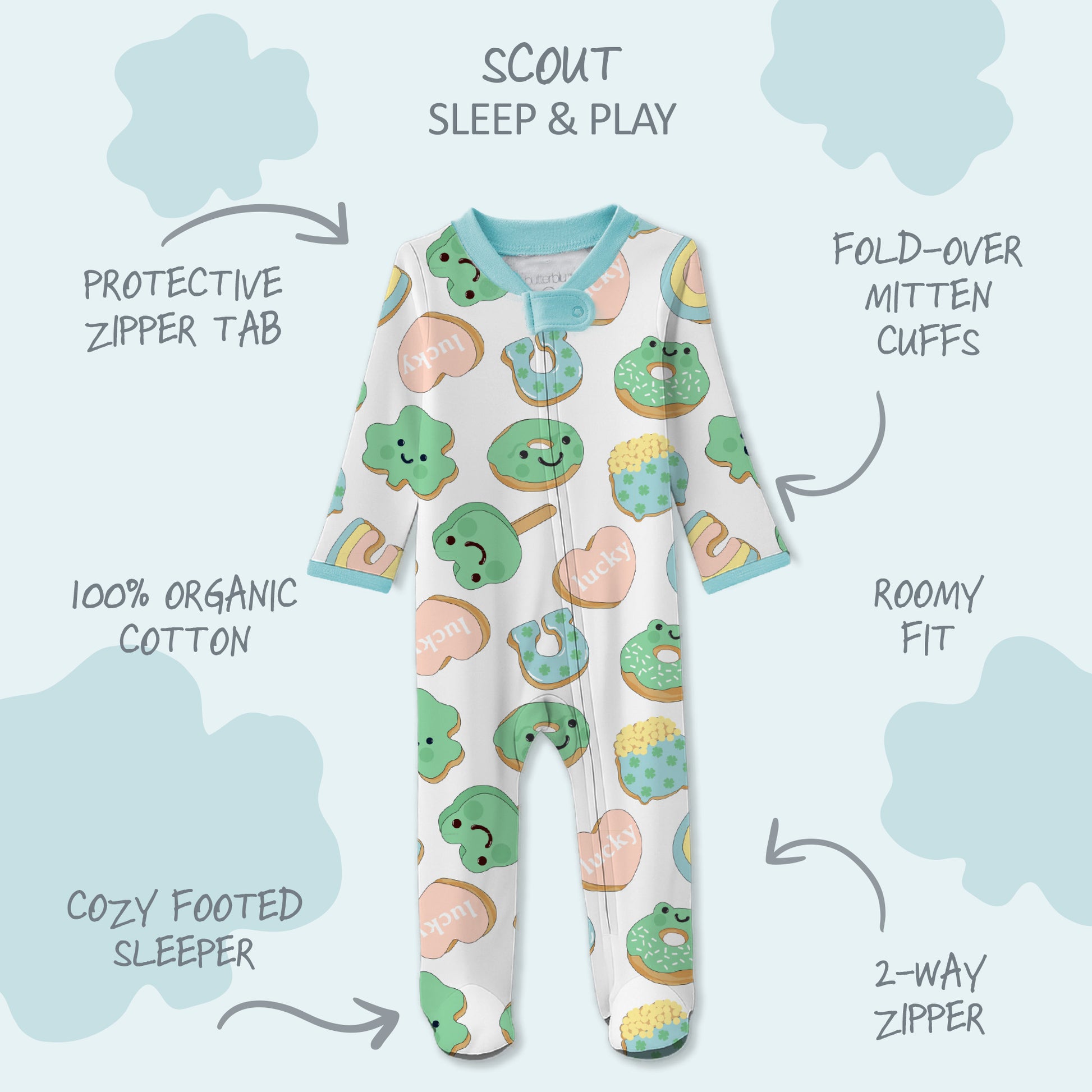 Baby onesie with colorful design on a light blue background, featuring text describing features.