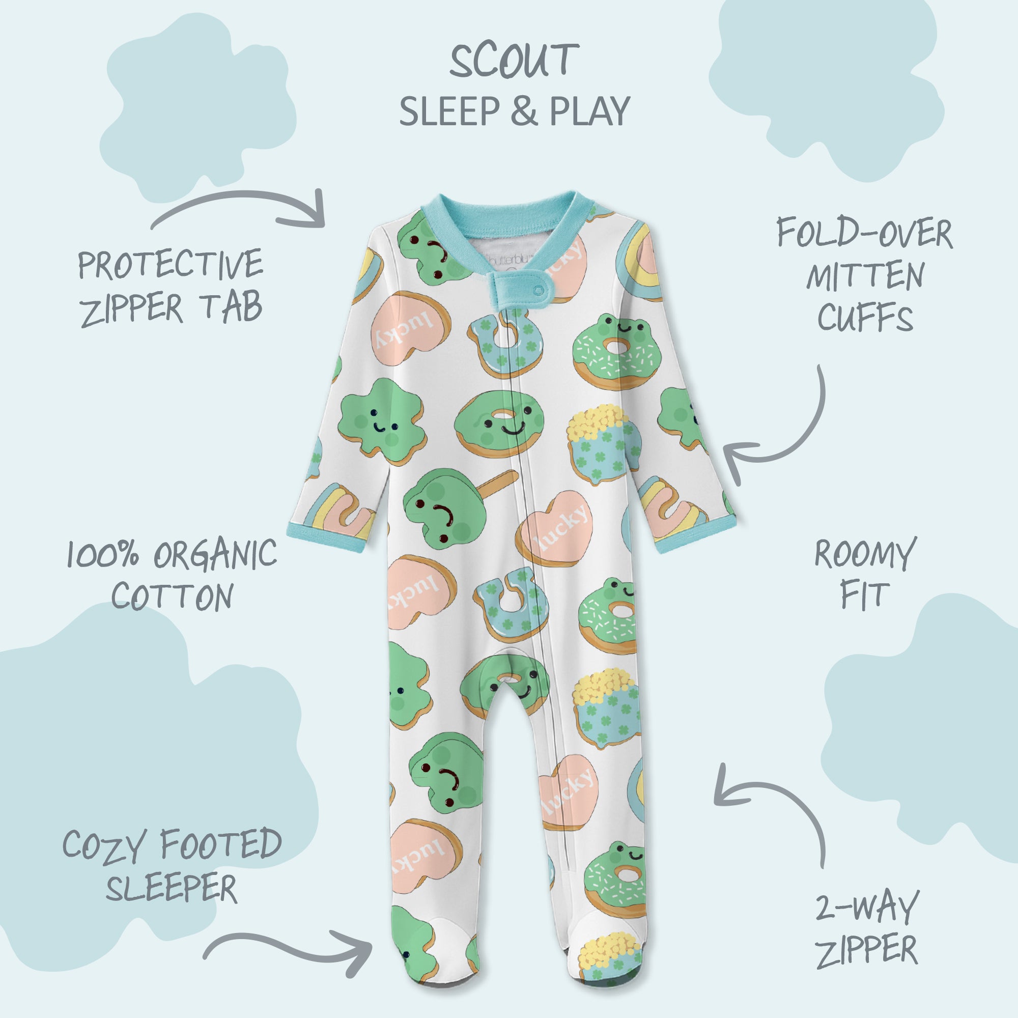 Baby onesie with colorful design on a light blue background, featuring text describing features.
