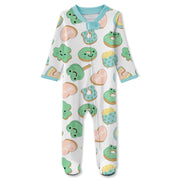 Baby onesie with colorful cookie and donut pattern on a white background