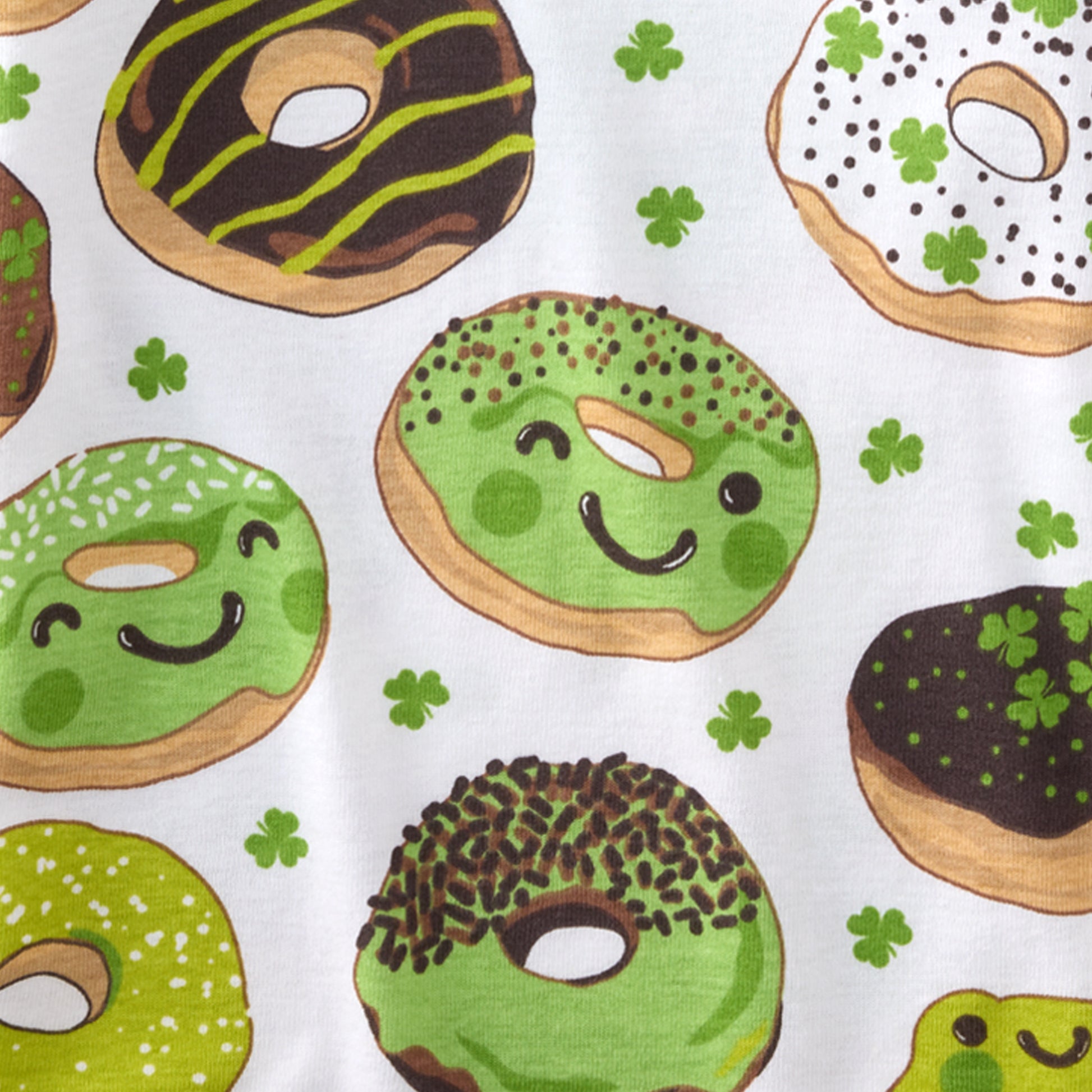 Pattern of cartoon donuts with green icing and chocolate accents on a white background.