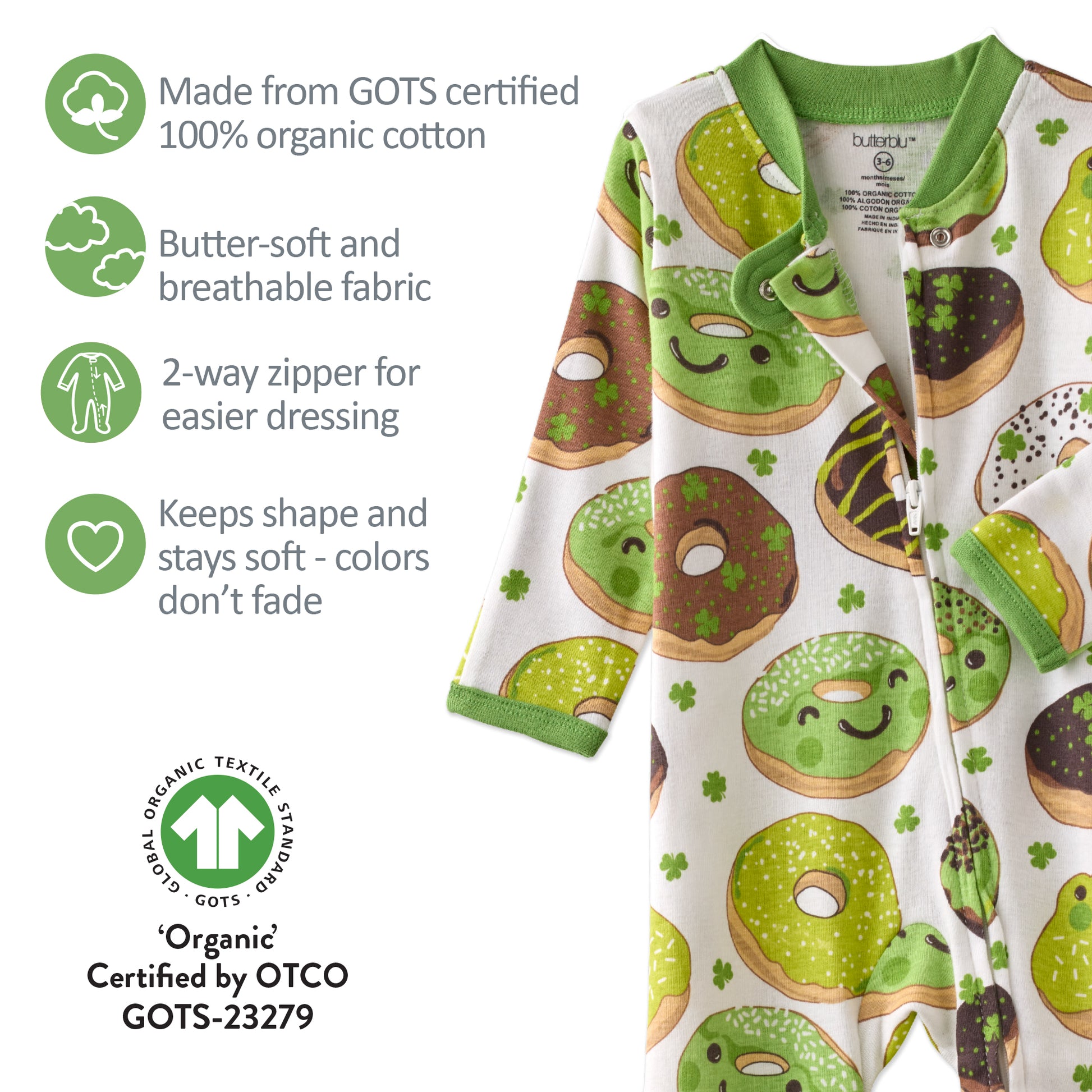 Baby onesie with donut pattern and product details on a white background